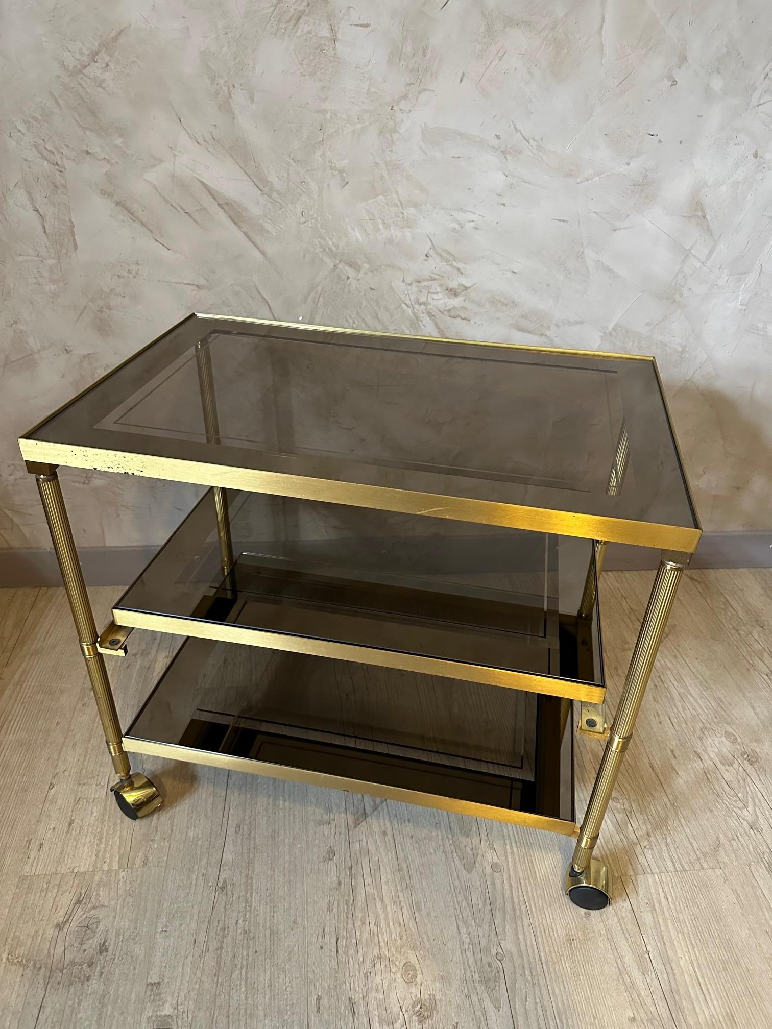 20th century French Brass and Glass Rolling Dessert Table, 1970s In Good Condition For Sale In LEGNY, FR