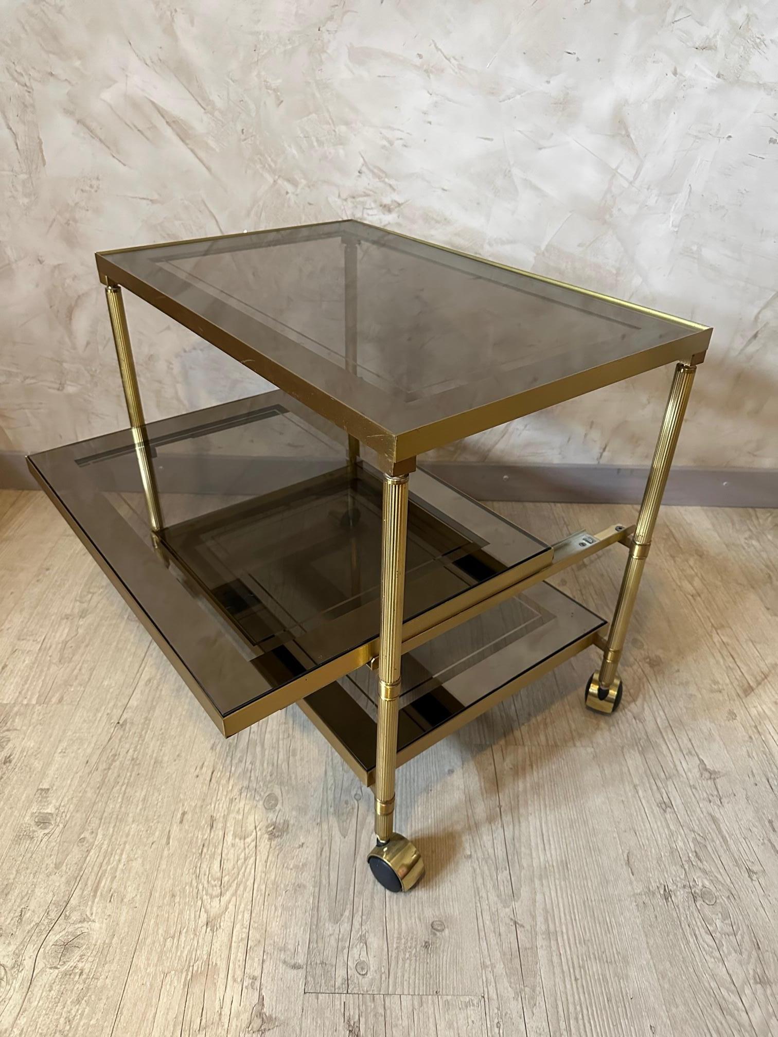 20th century French Brass and Glass Rolling Dessert Table, 1970s For Sale 1