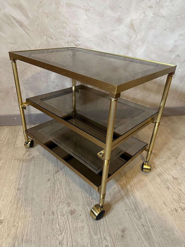 Table Rétro Française 1970 - Laiton Et Verre Fumé - Occasion