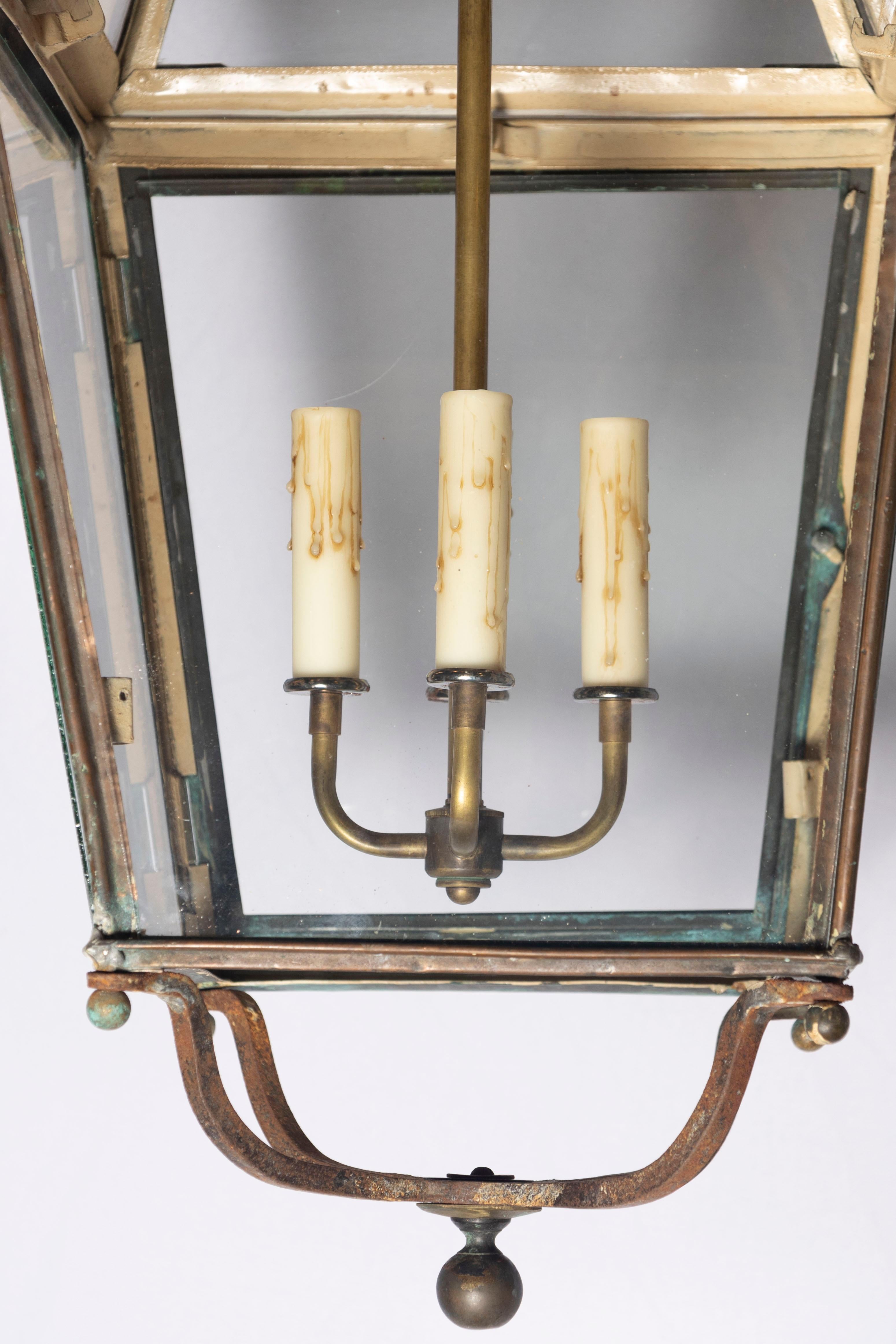 20th Century French Brass and Glass Tapered Lantern For Sale 1