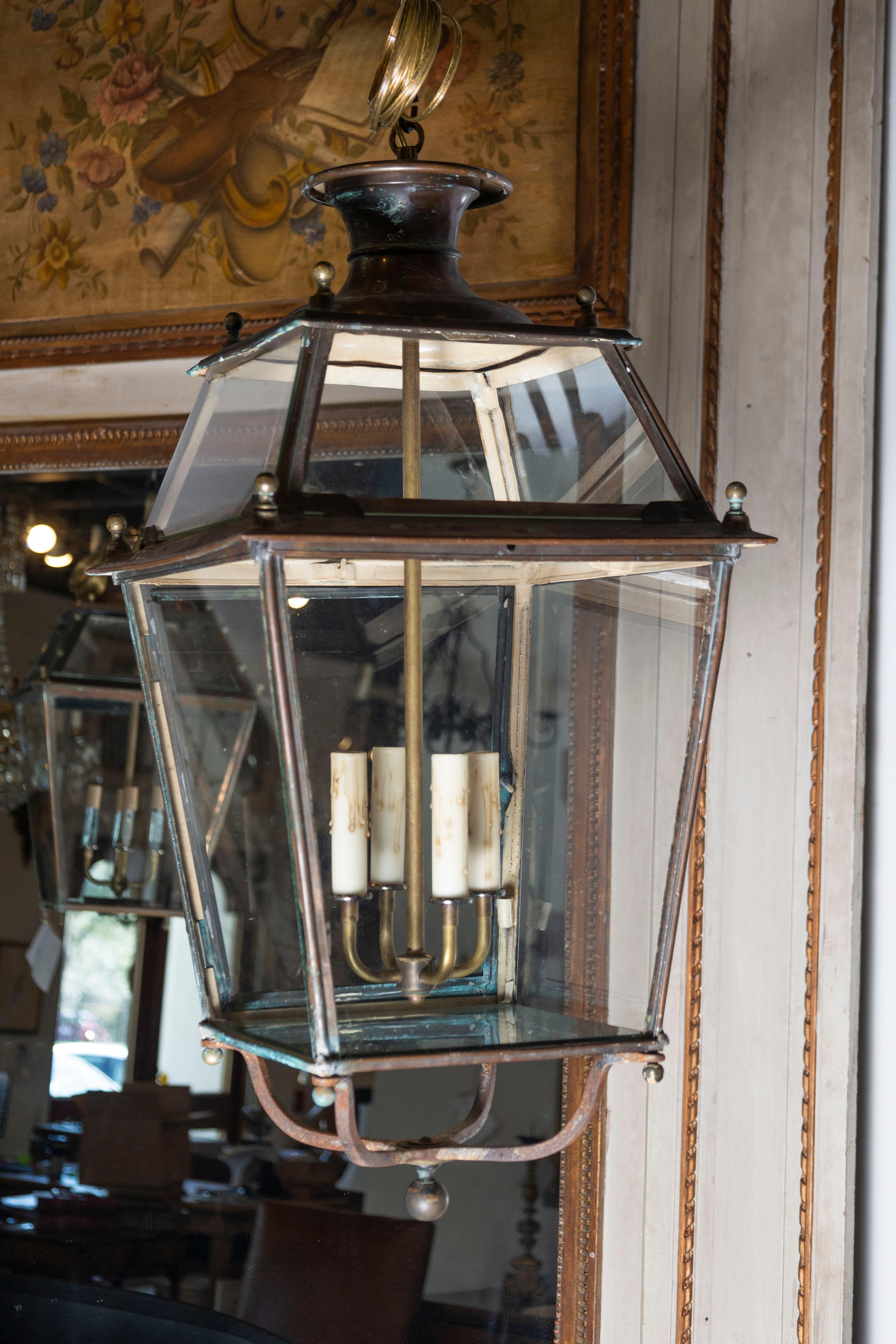 20th Century French Brass and Glass Tapered Lantern For Sale 4