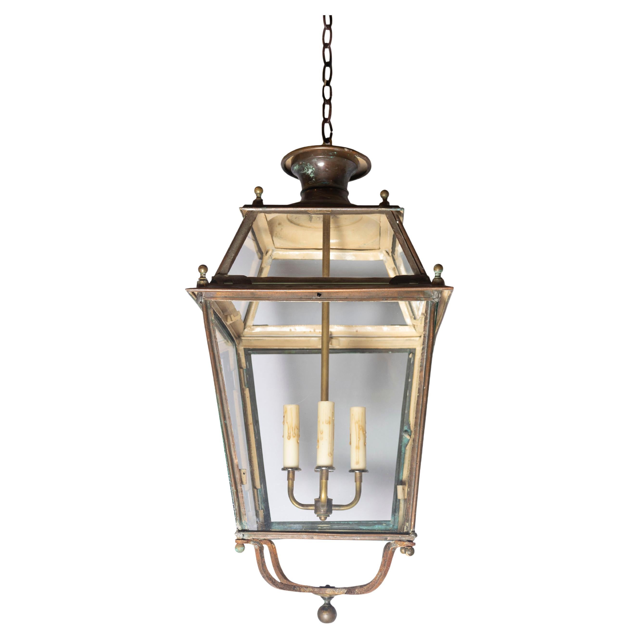 20th Century French Brass and Glass Tapered Lantern For Sale