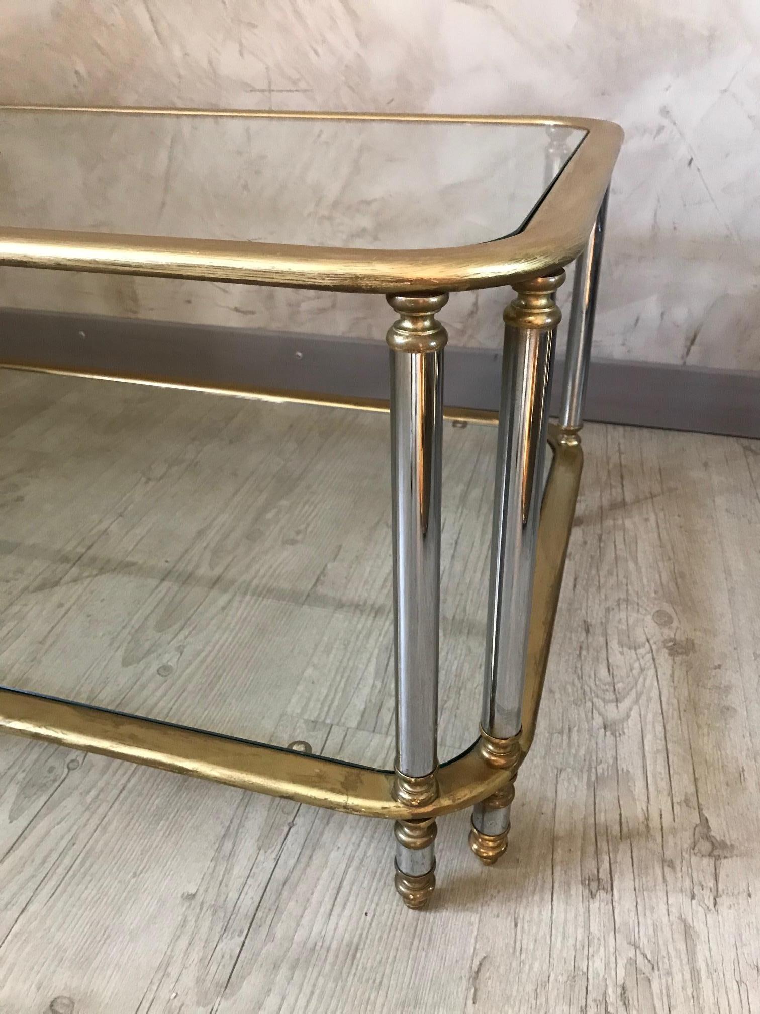20th Century French Brass, Chromed Metal and Glass Coffee Table, 1970s In Good Condition In LEGNY, FR