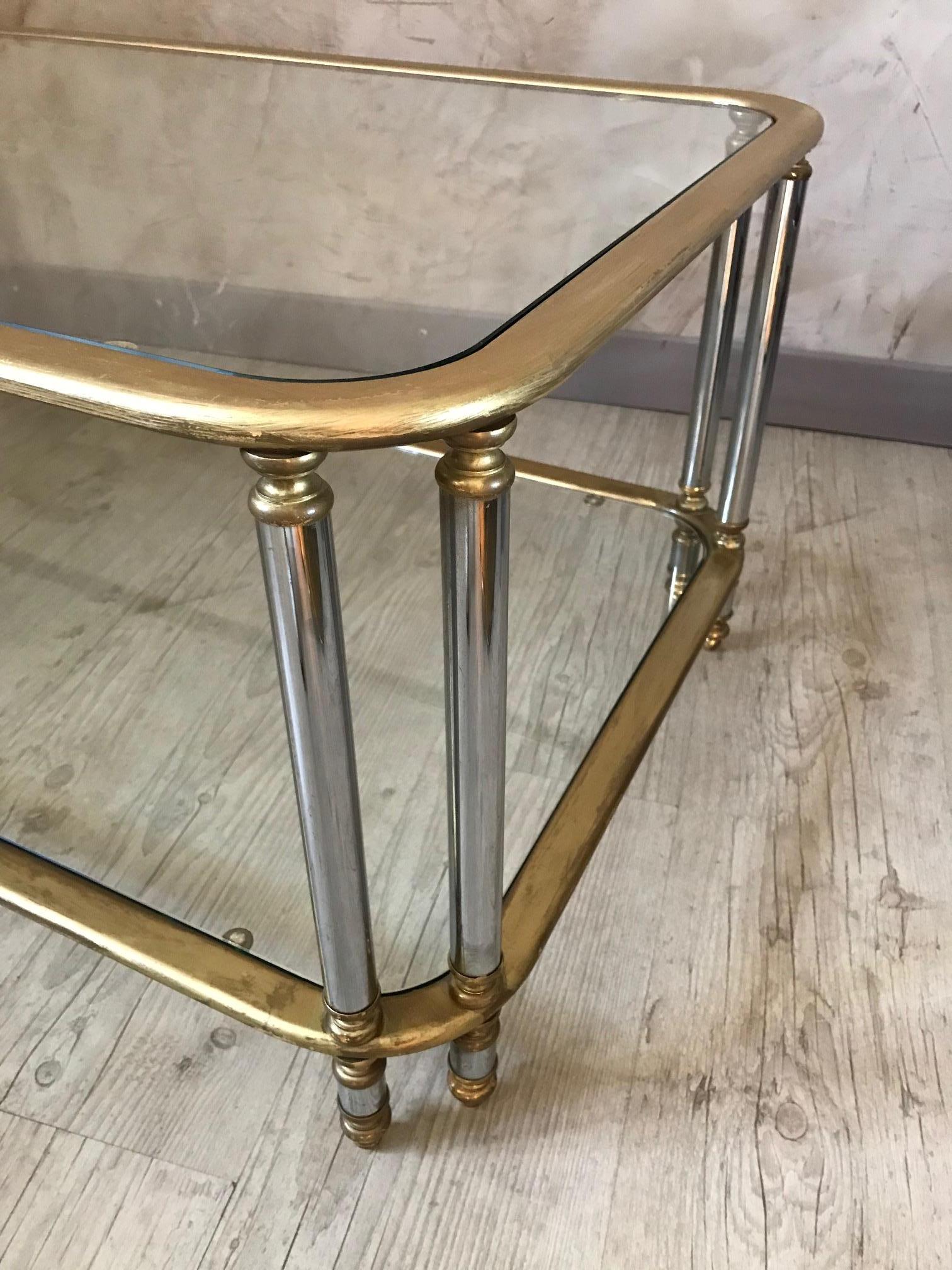 Late 20th Century 20th Century French Brass, Chromed Metal and Glass Coffee Table, 1970s