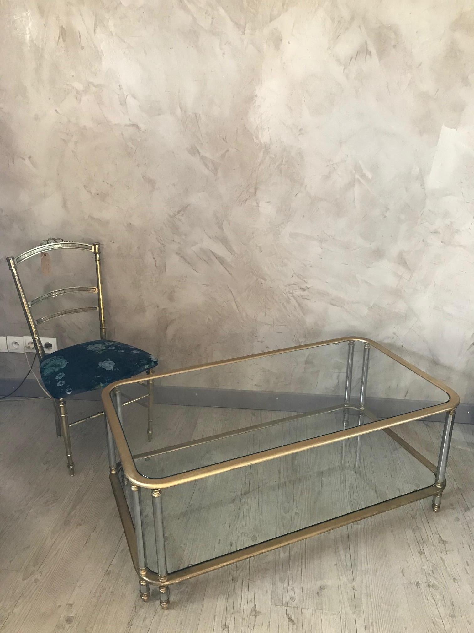20th Century French Brass, Chromed Metal and Glass Coffee Table, 1970s 2