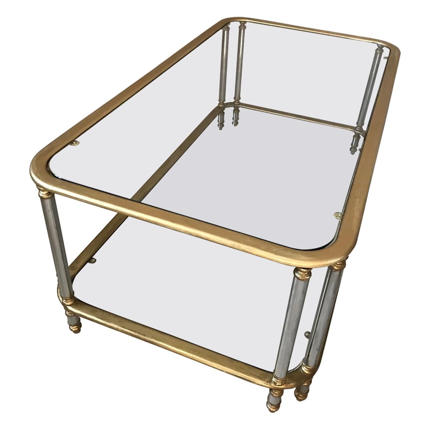 20th Century French Brass, Chromed Metal and Glass Coffee Table, 1970s