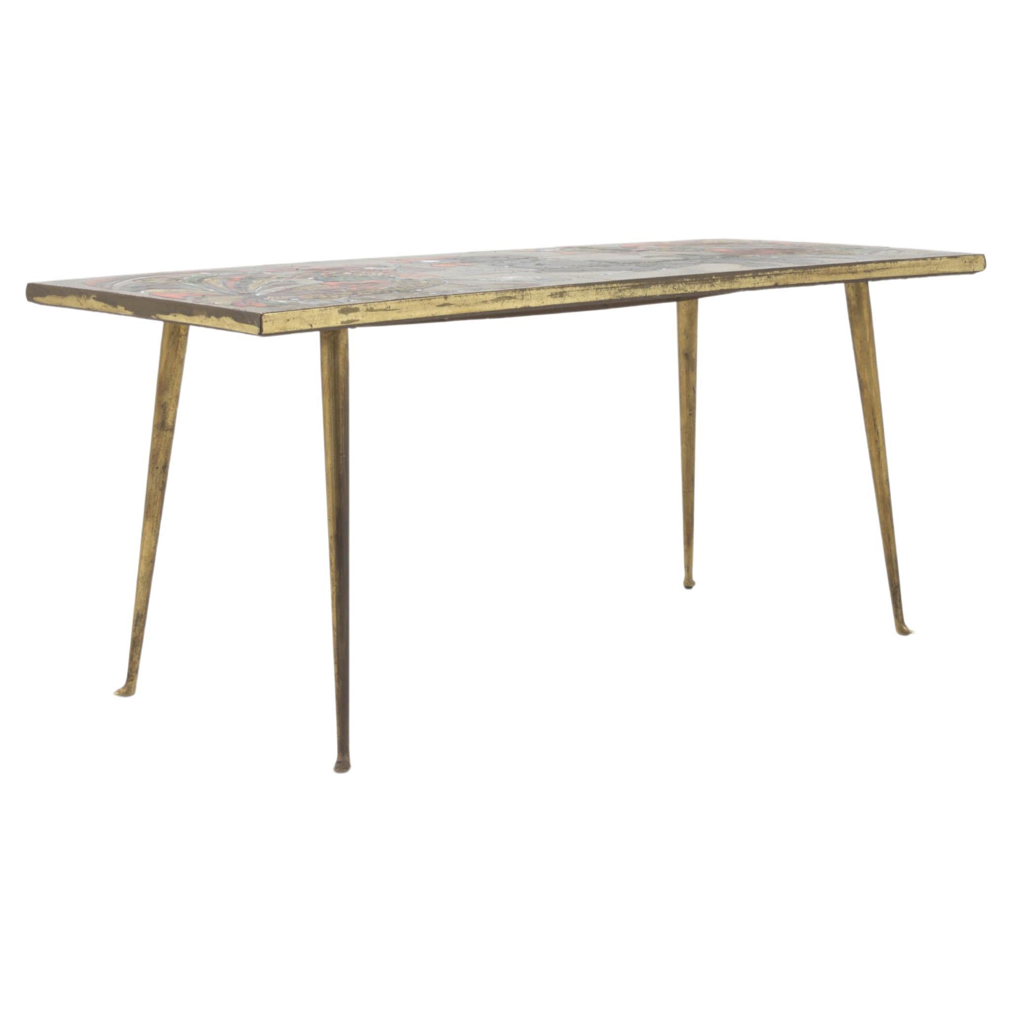 20th Century French Brass Coffee Table With Ceramic Top For Sale