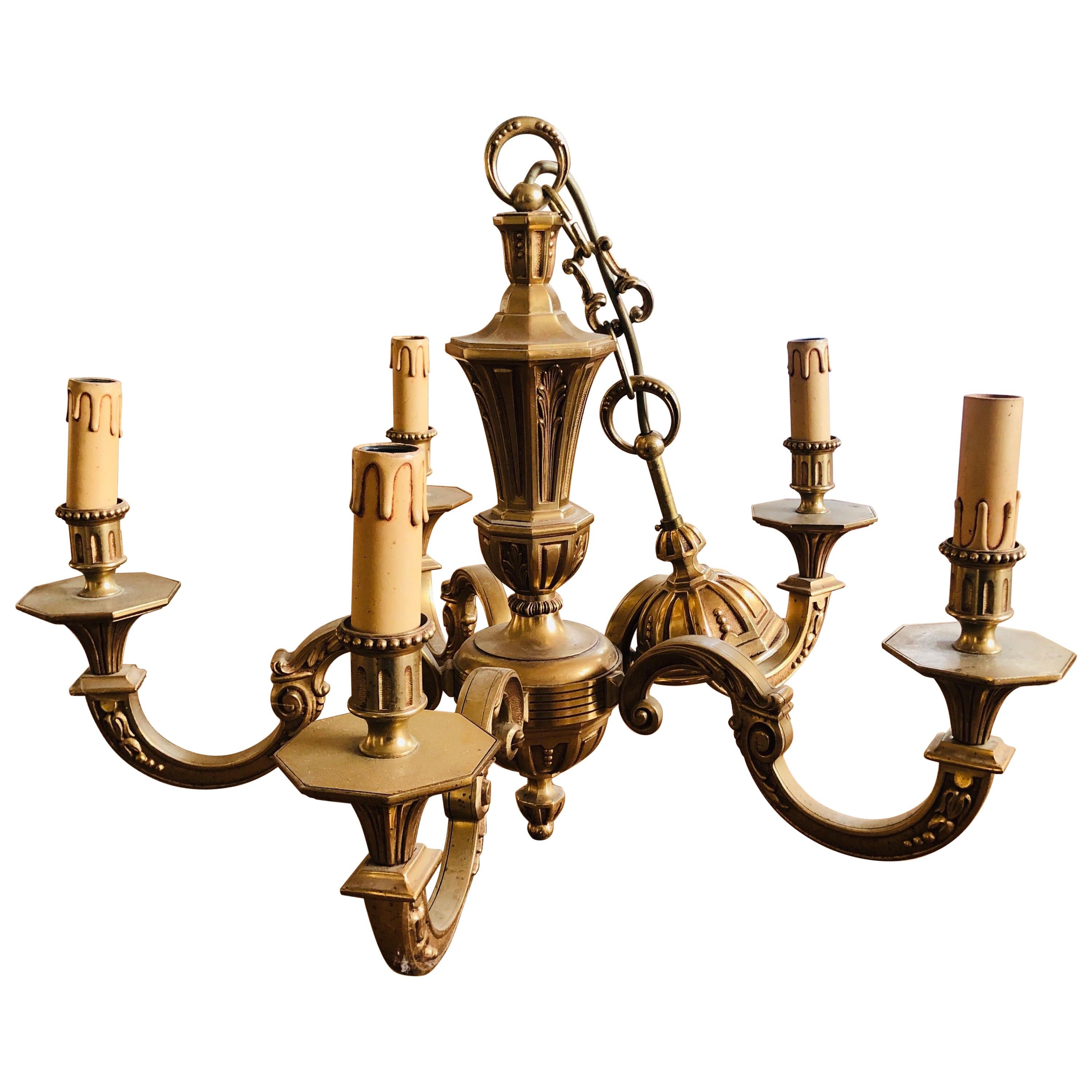 20th Century French Brass Decorated Chandelier with Five Lights For Sale
