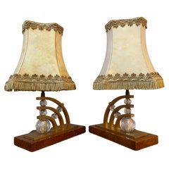 Retro 20th Century French Brass, Glass and Wood Pair of Table Lamp, 1950s