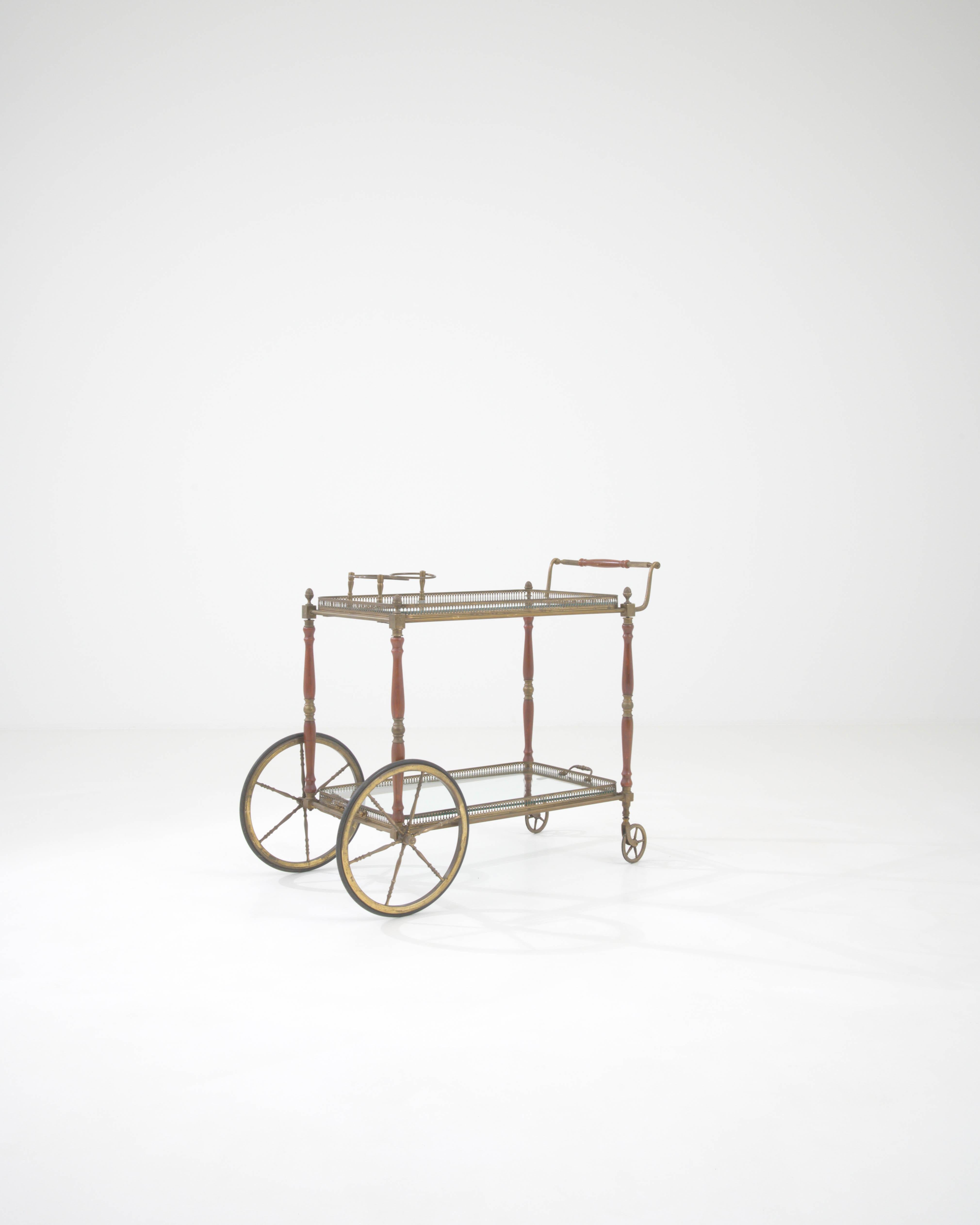 20th Century French Brass & Glass Bar Cart On Wheels In Good Condition For Sale In High Point, NC