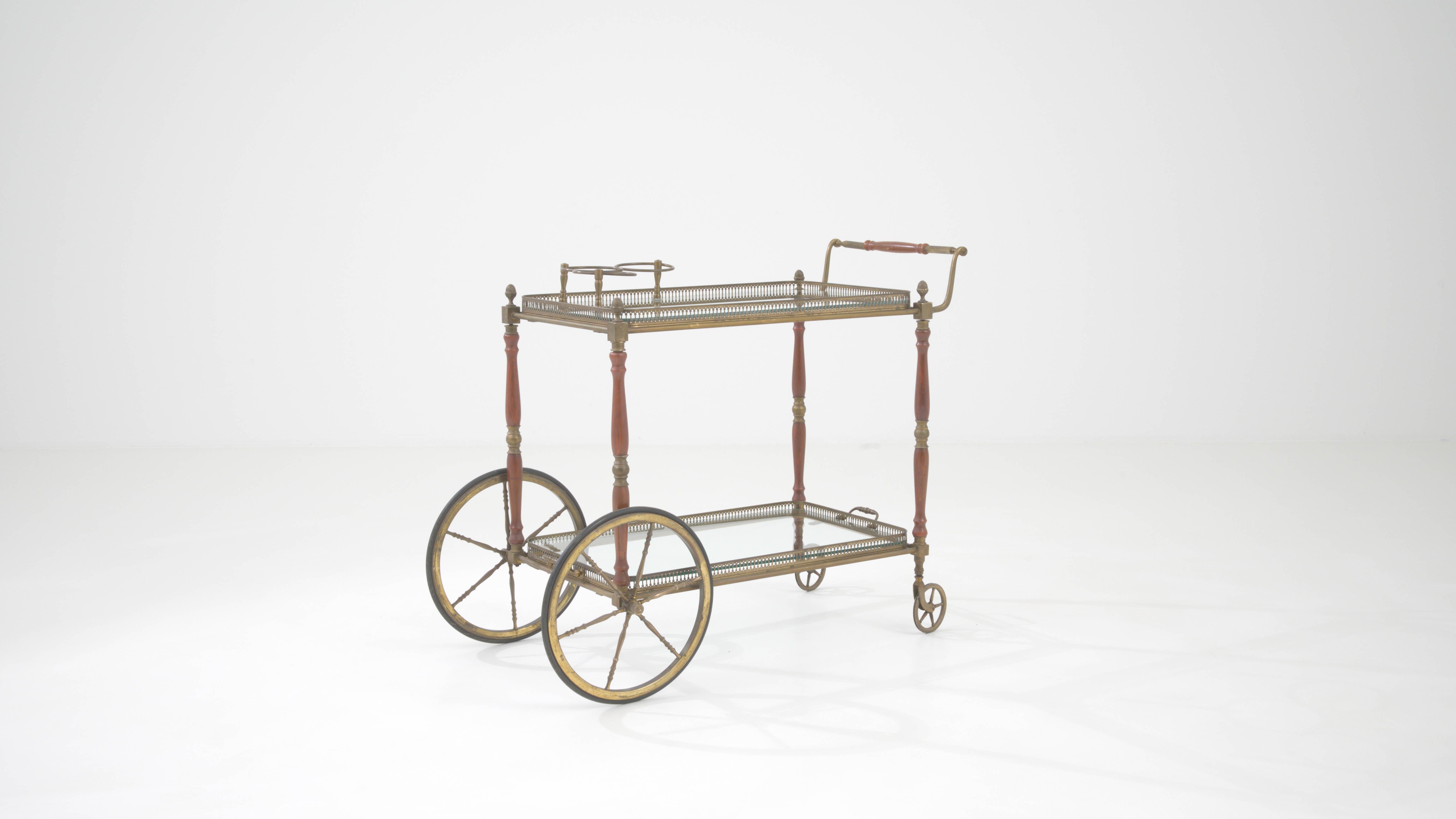 20th Century French Brass & Glass Bar Cart On Wheels For Sale 2