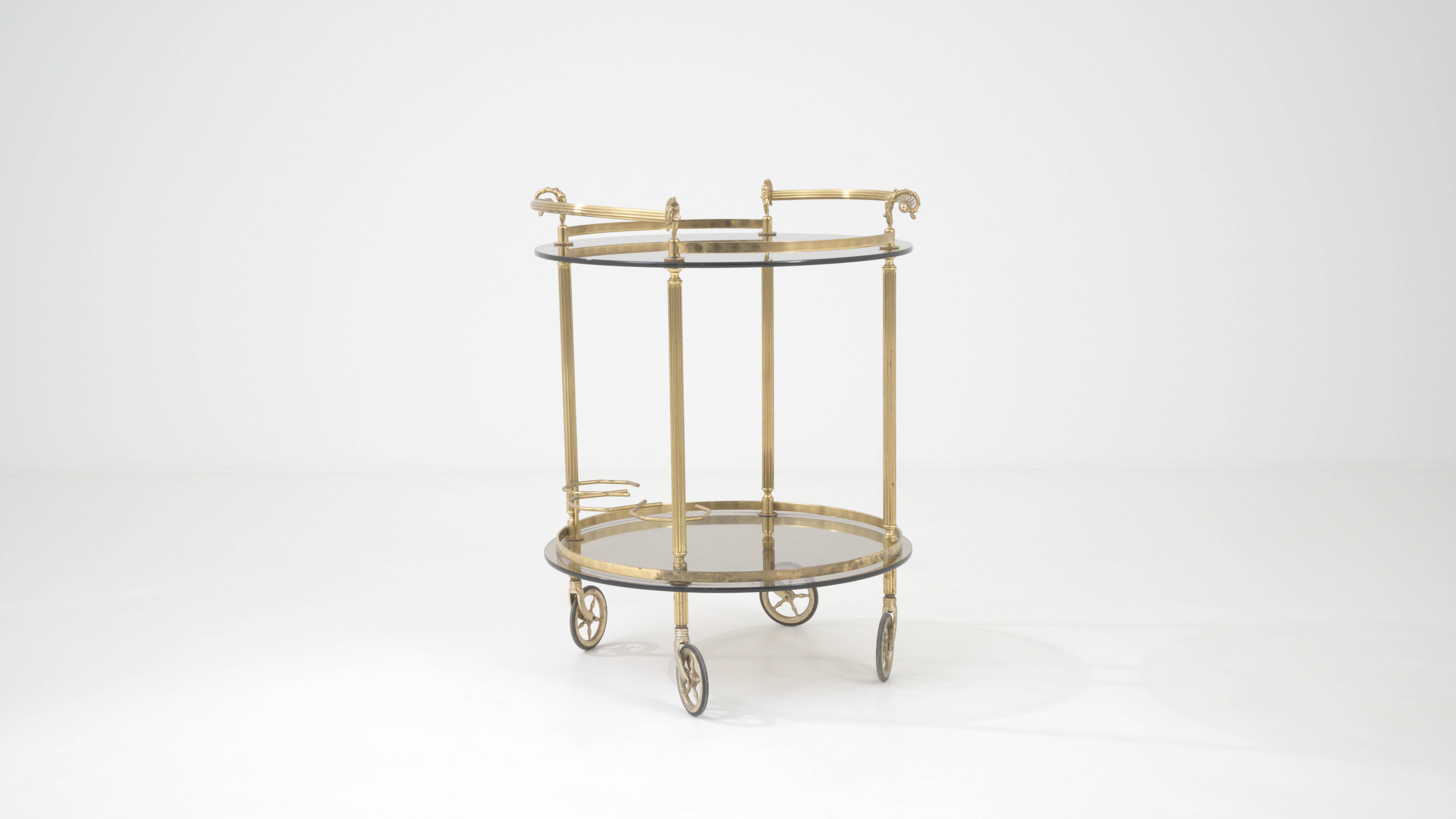 20th Century French Brass & Glass Bar Cart On Wheels 3