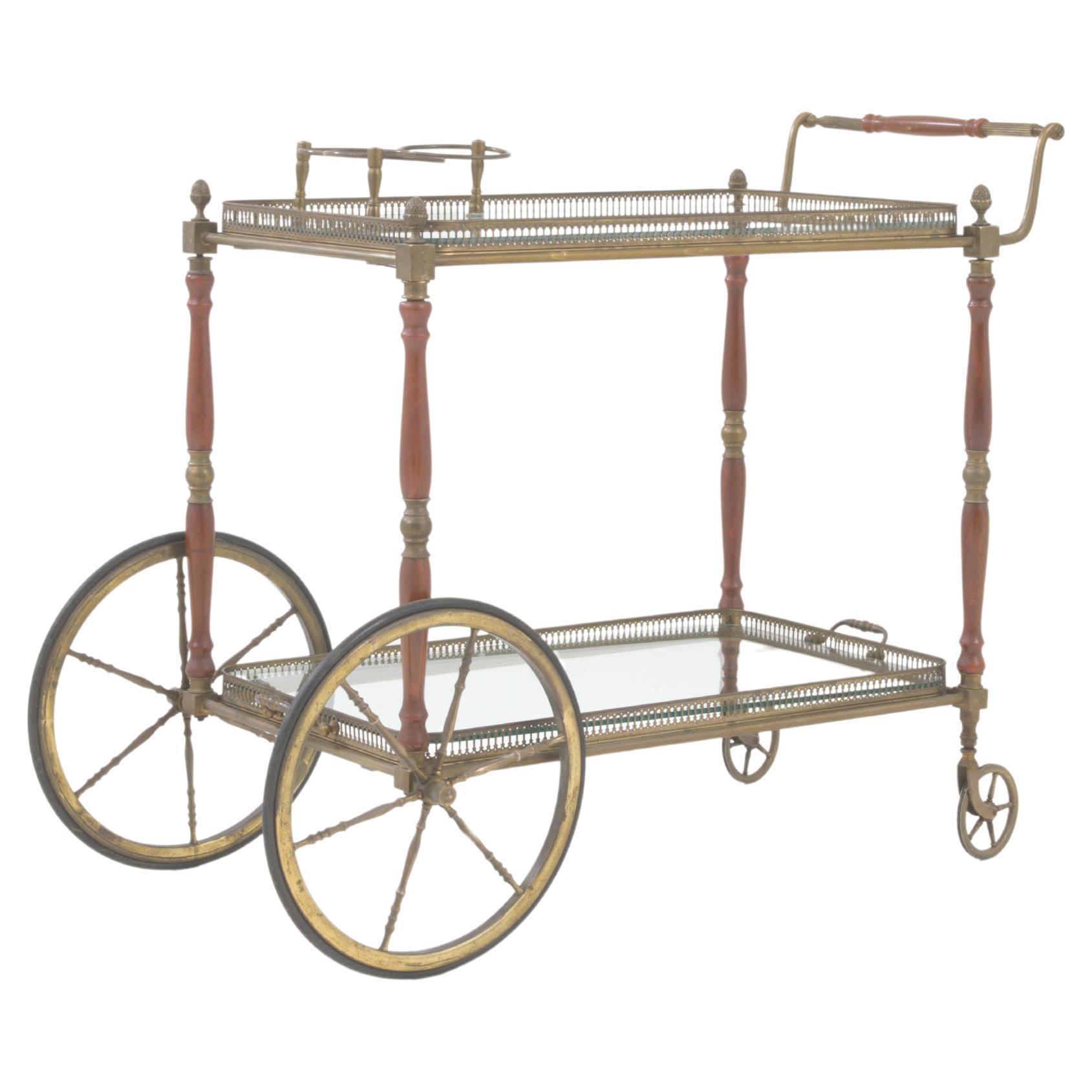 20th Century French Brass & Glass Bar Cart On Wheels