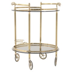 20th Century French Brass & Glass Bar Cart On Wheels