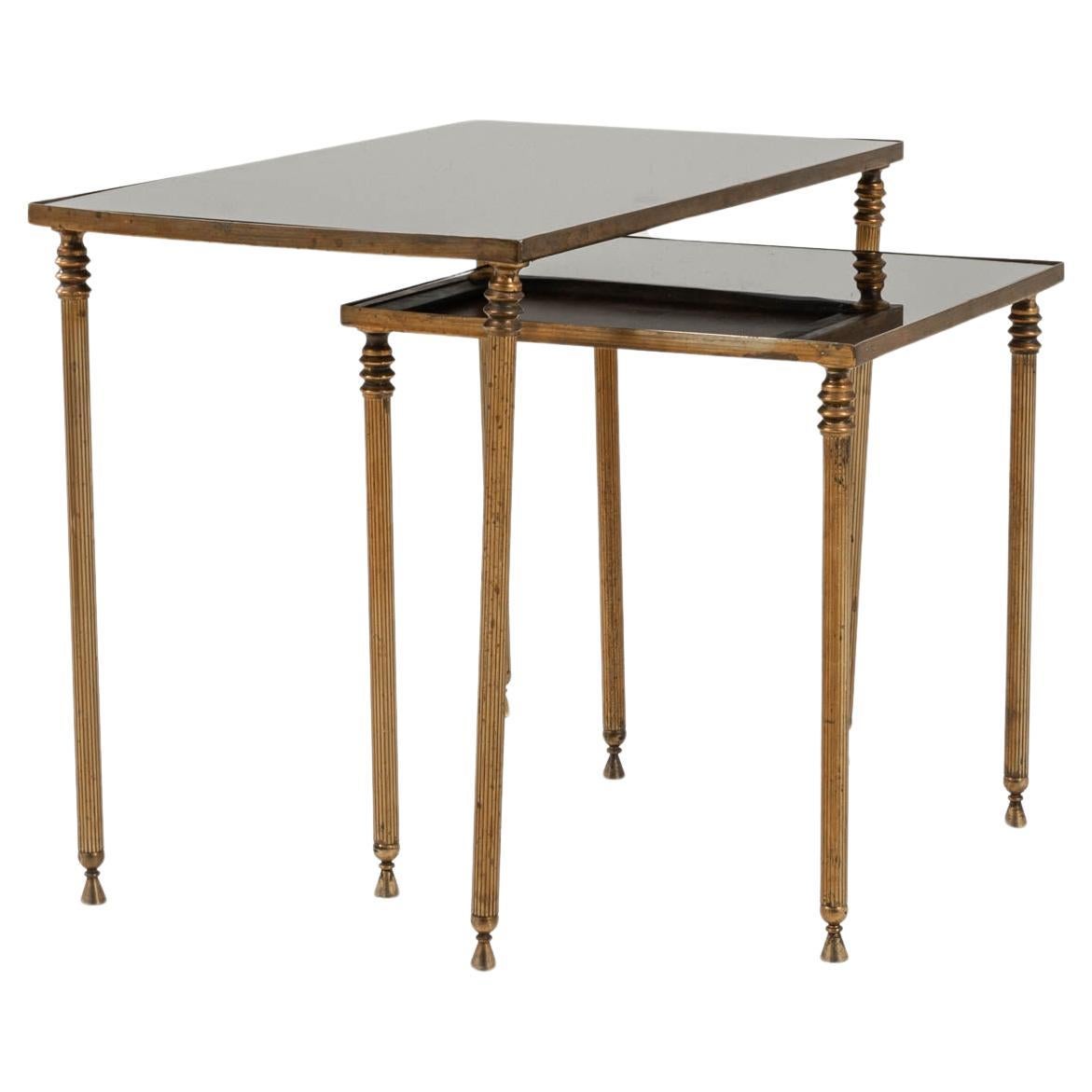 20th Century French Brass & Glass Nesting Tables, Set of 2 For Sale