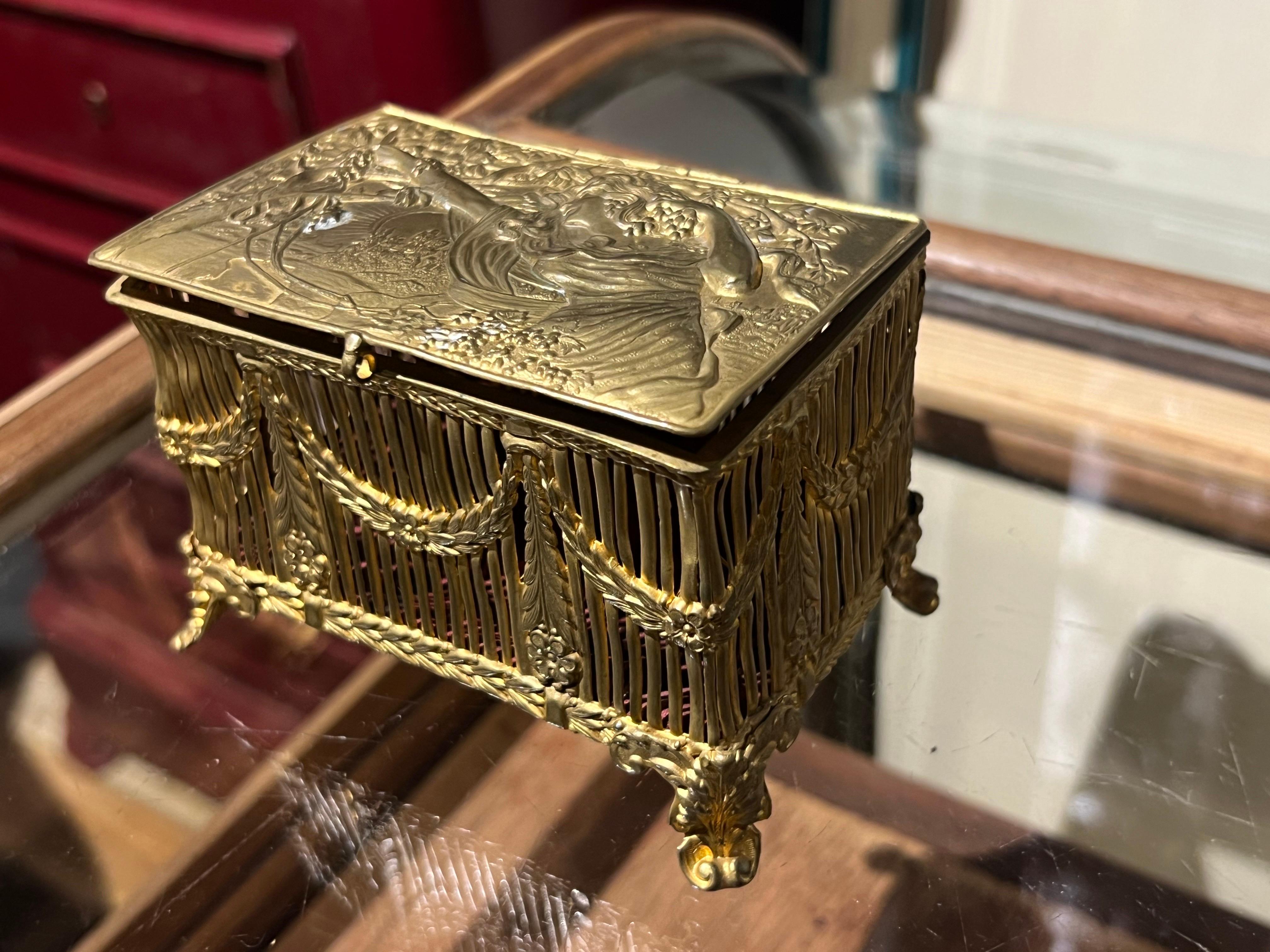 Hand-Carved 20th Century French Brass Hand Carved and Decorated Jewellery Box For Sale