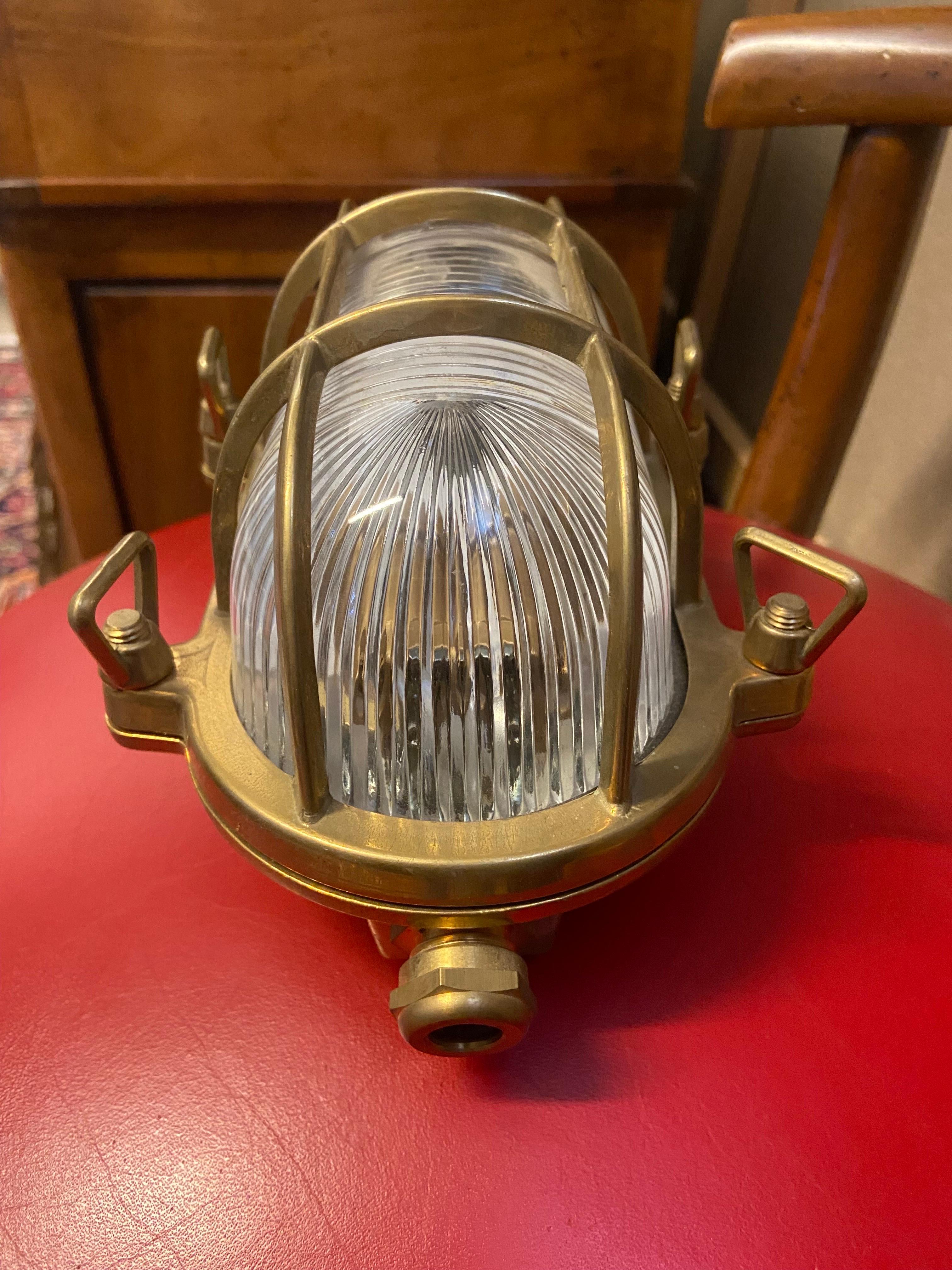 20th Century, French, Brass Marine Lamp with Glass Shade For Sale 1