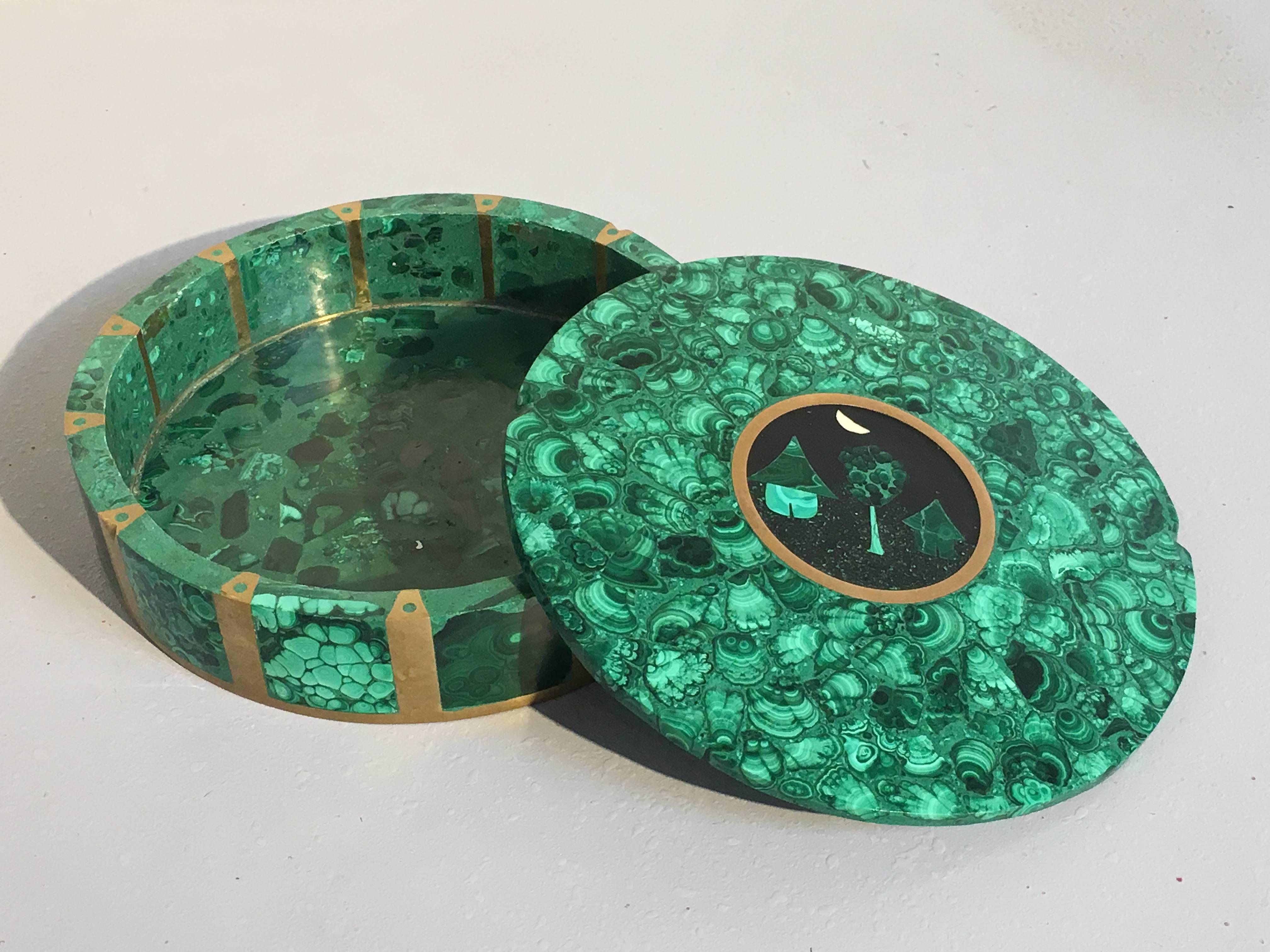 Modern 20th Century French Brass-Mounted Malachite and Pietra Dura Round Box