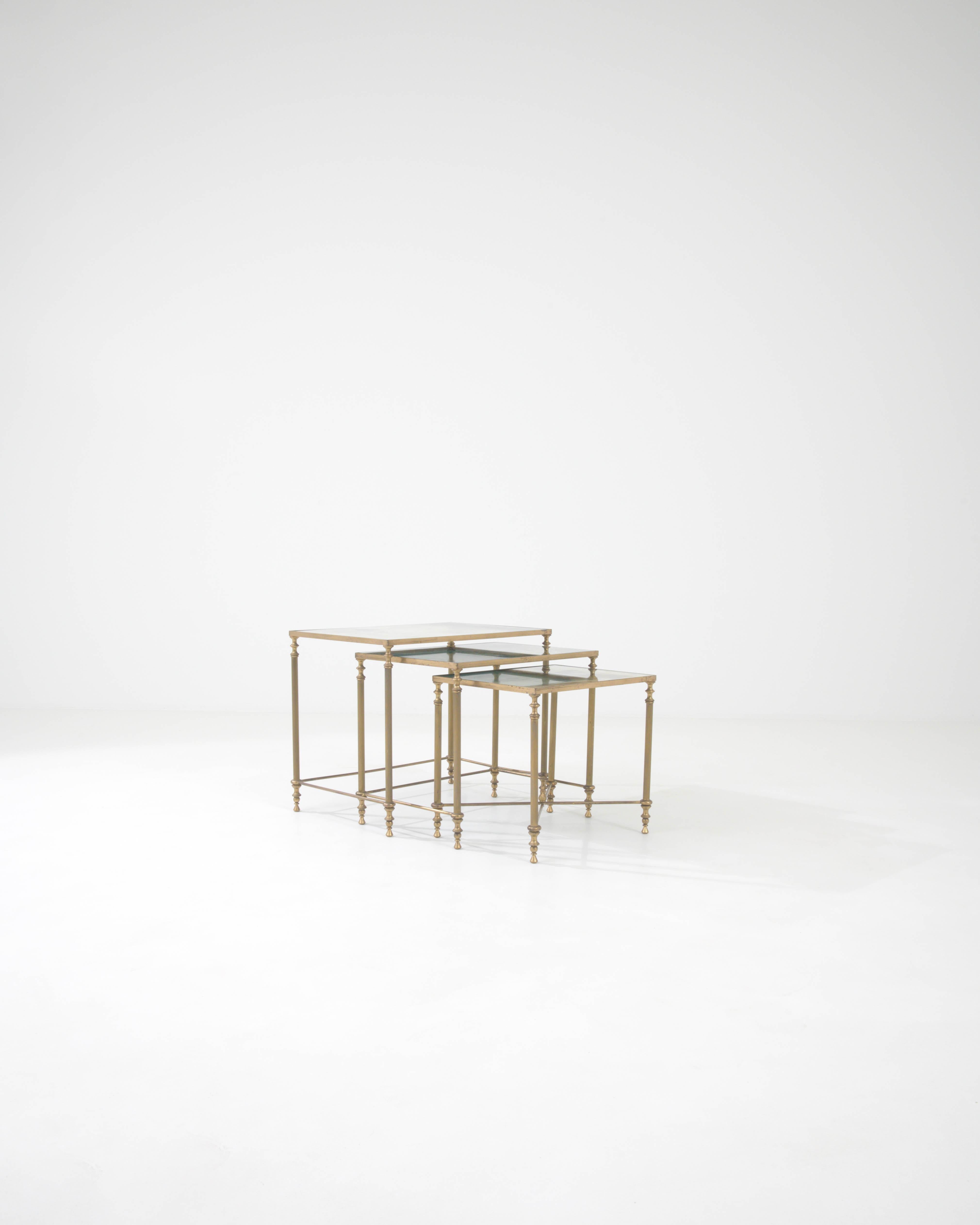 20th Century French Brass Nesting Tables With Glass Tops 4