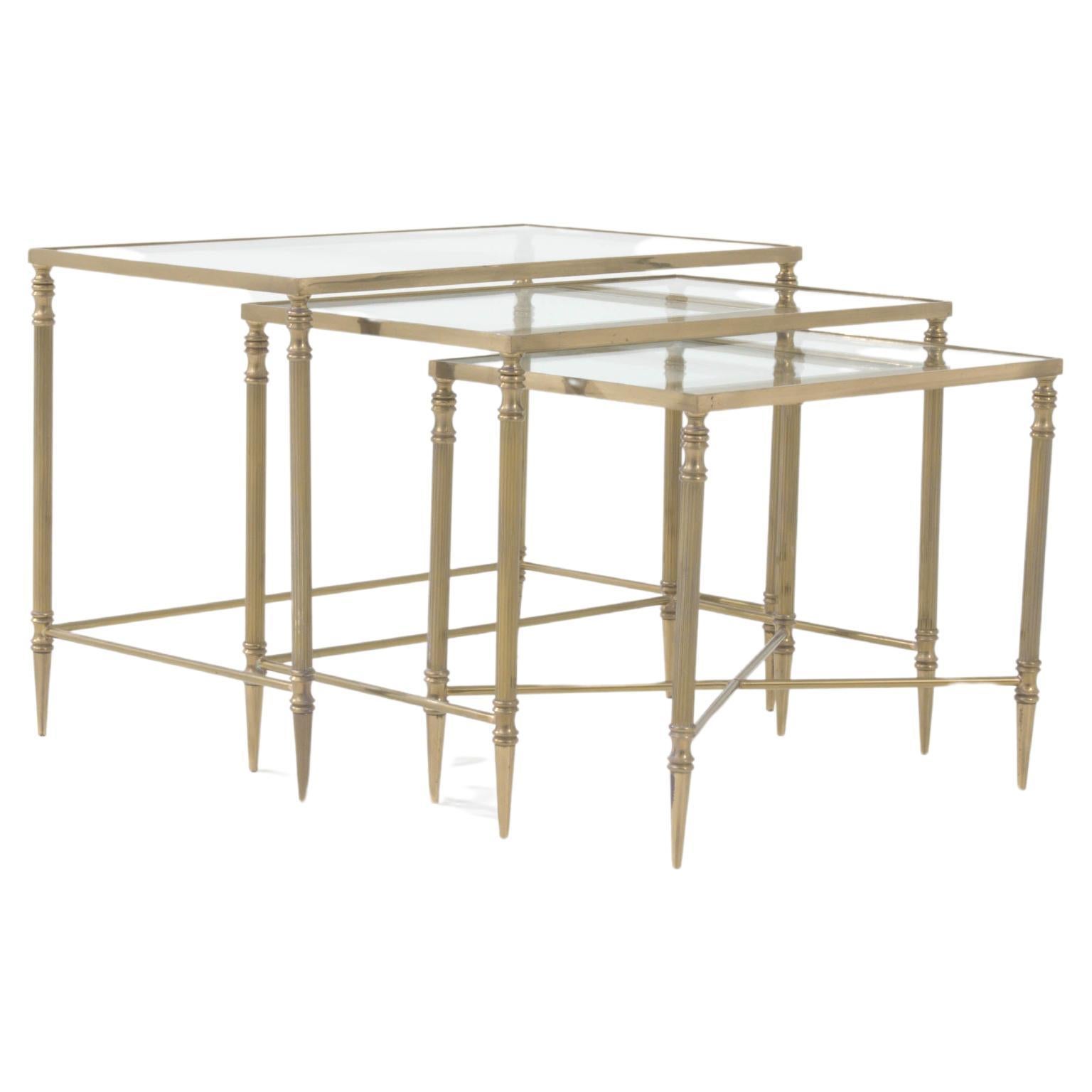 20th Century French Brass Nesting Tables With Glass Tops