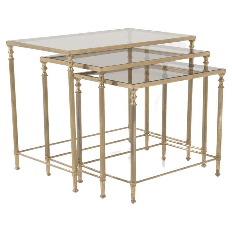Sculptural Brass Nesting Table Set with Cantilever Glass Tops For Sale ...