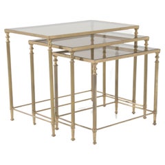 20th Century French Brass Nesting Tables With Glass Tops, Set of 3