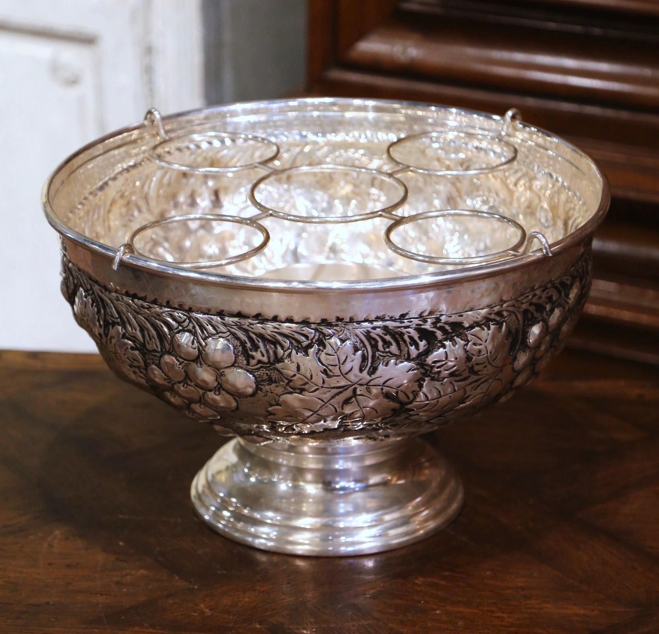 Patinated 20th Century French Brass Silver Plated Repousse Wine Cooler with Vine Decor