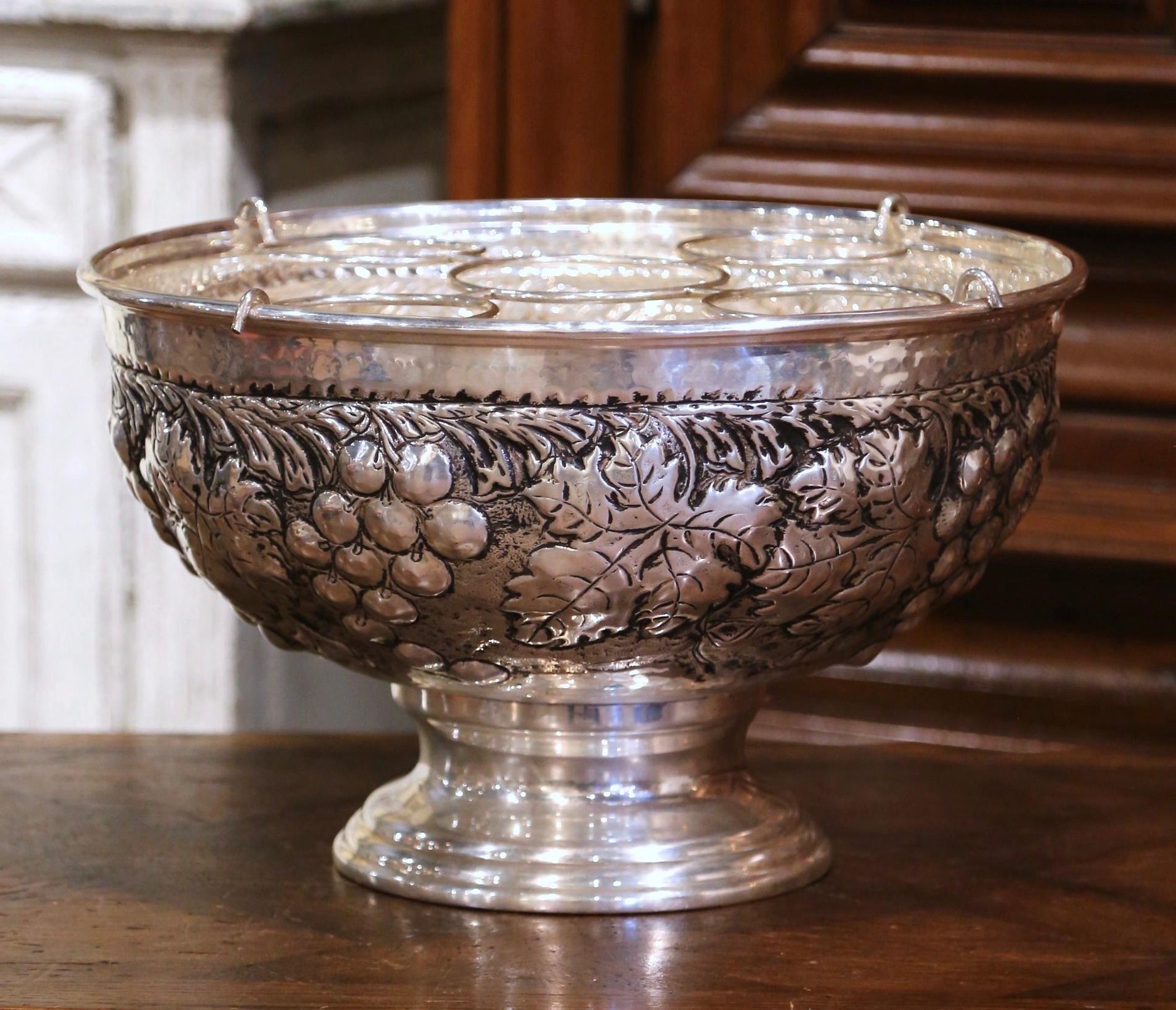 20th Century French Brass Silver Plated Repousse Wine Cooler with Vine Decor In Excellent Condition In Dallas, TX