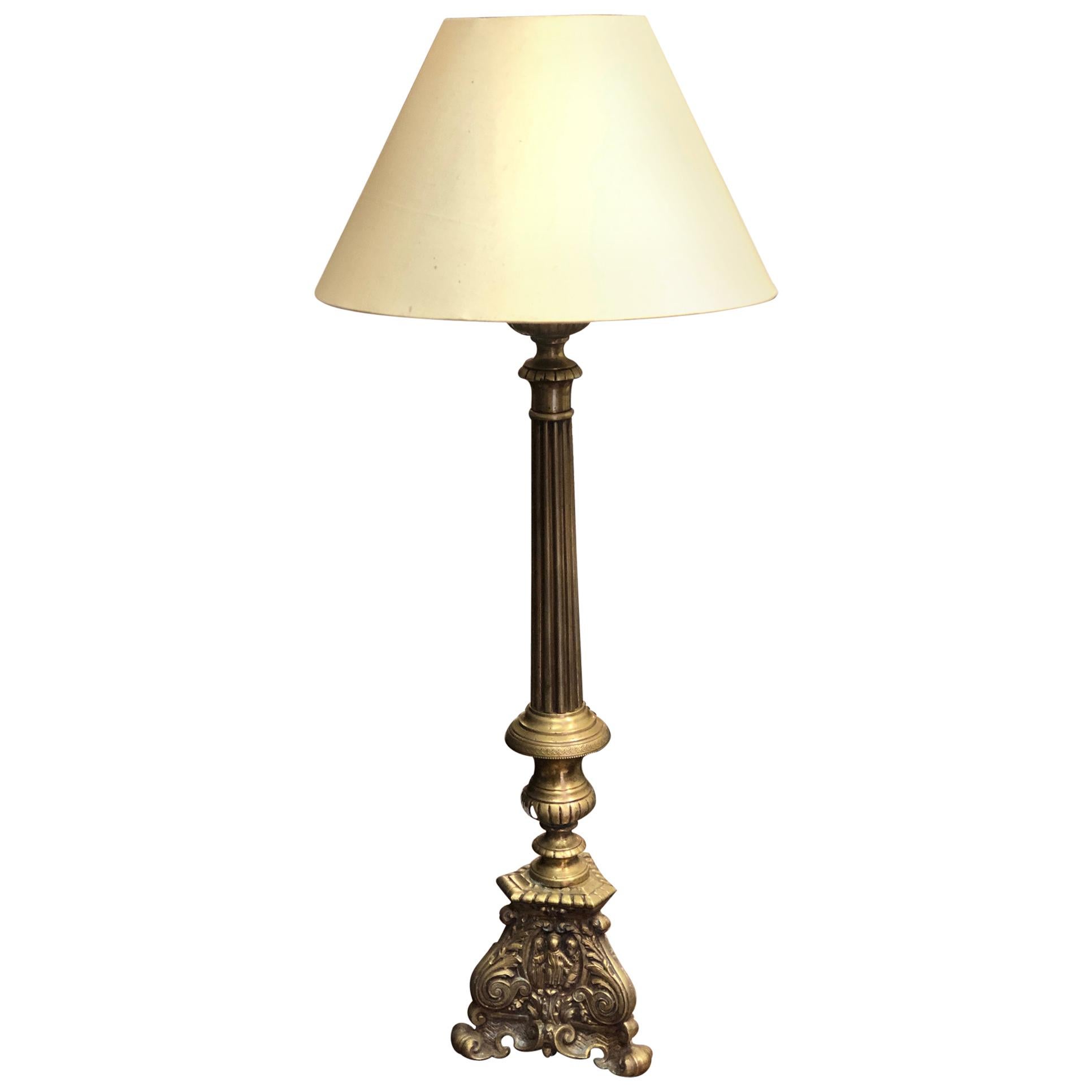 20th Century French Brass Table Lamp with Decorated Base