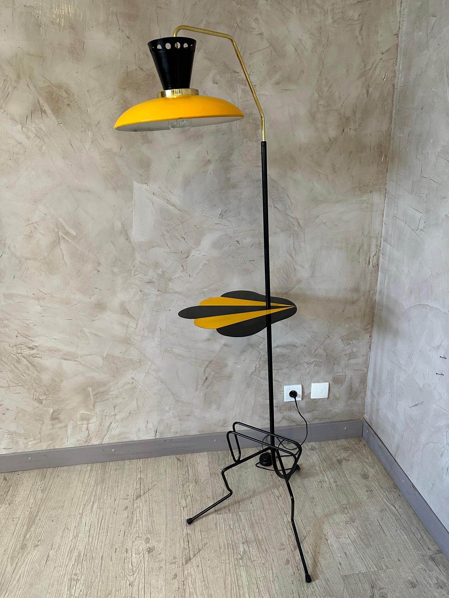 20th century French Brass, Yellow and Black Metal Floor Lamp, 1960s For Sale 9