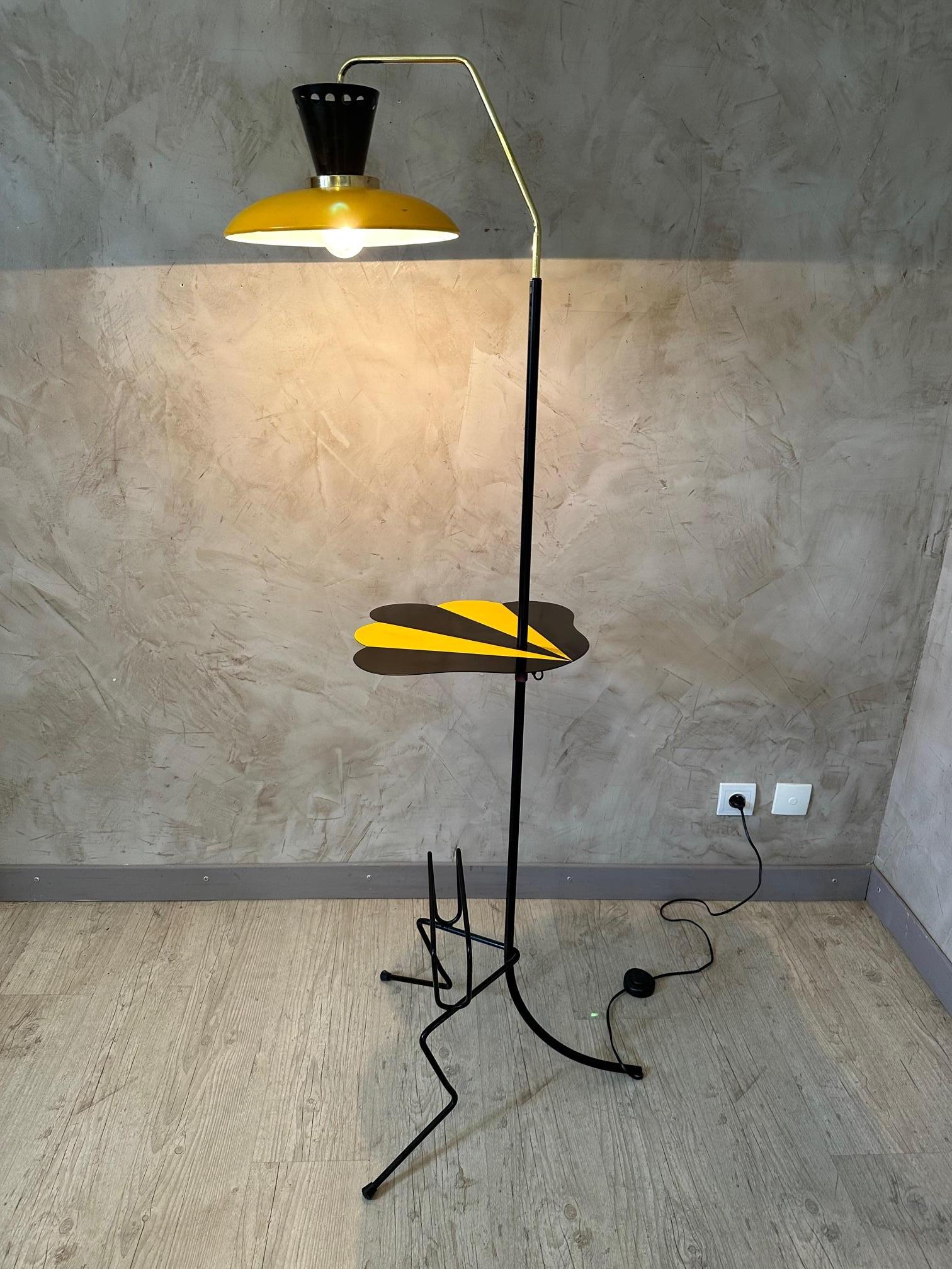 20th century French Brass, Yellow and Black Metal Floor Lamp, 1960s 4