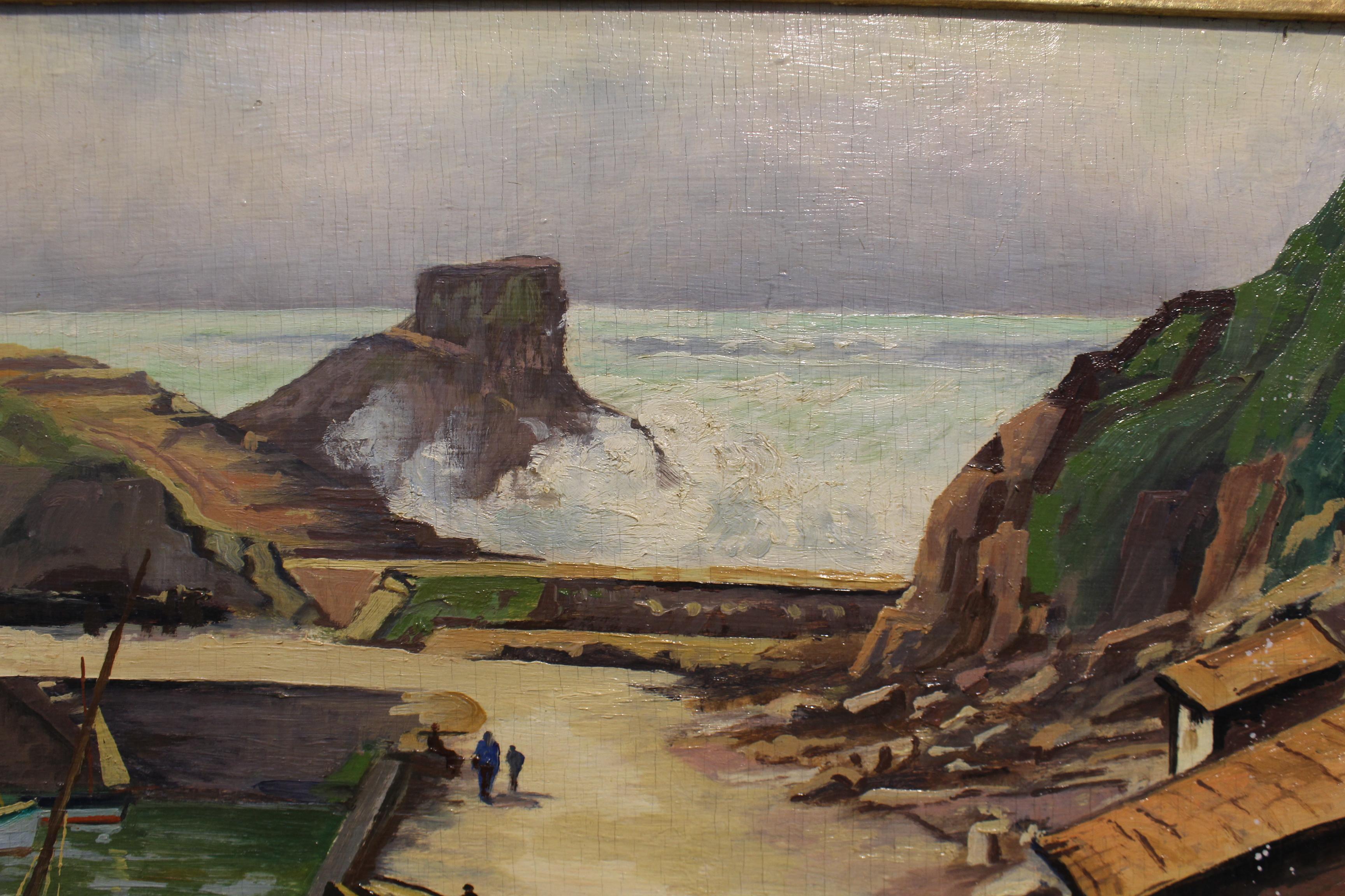 Hand-Painted 20th Century French Brittany Fishing Port Oil on Panel Painting Signed Berthier For Sale