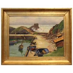 20th Century French Brittany Fishing Port Oil on Panel Painting Signed Berthier