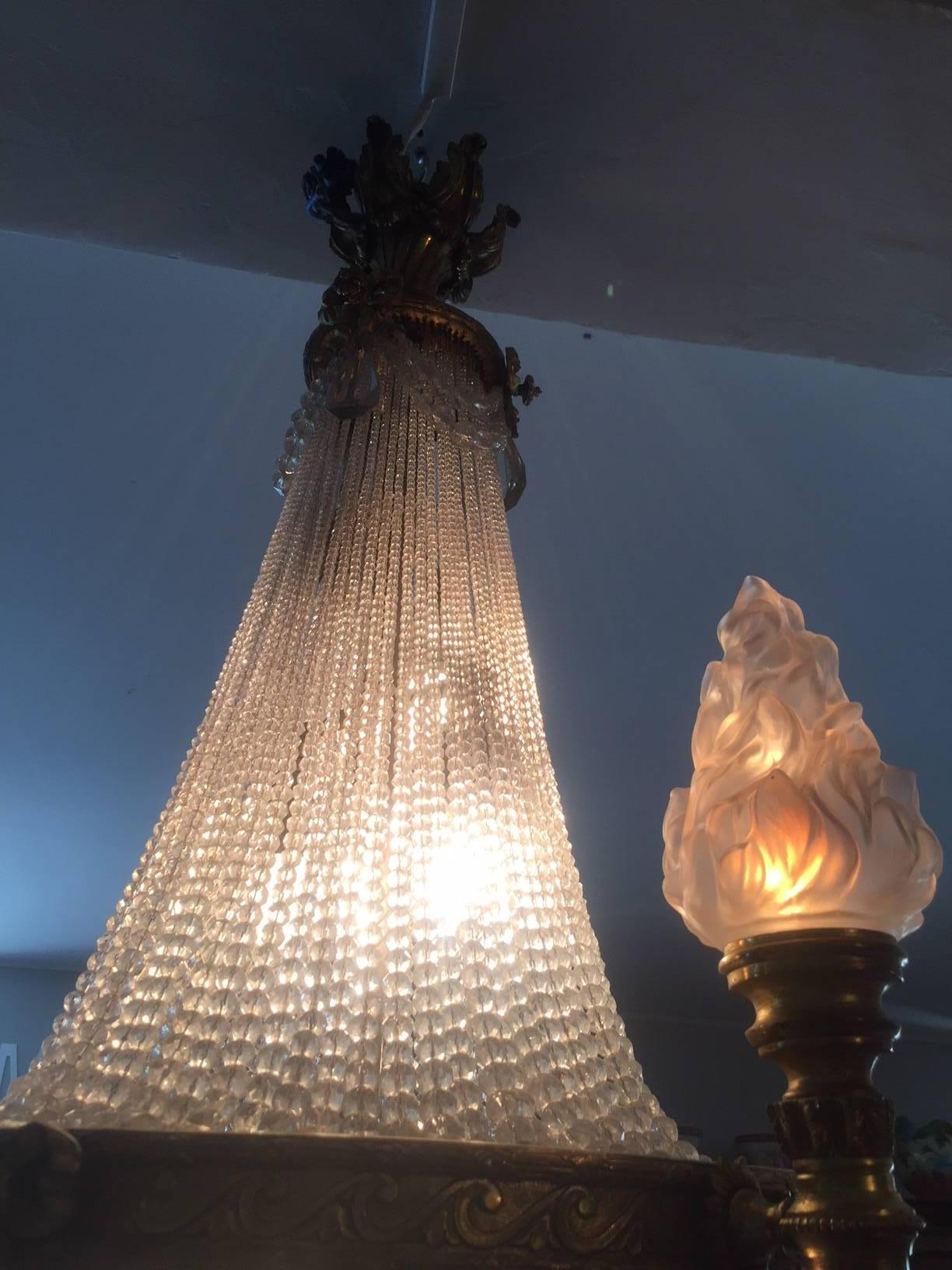 20th Century French Bronze Balloon Chandelier with Cristal and Glass Pendants For Sale 2