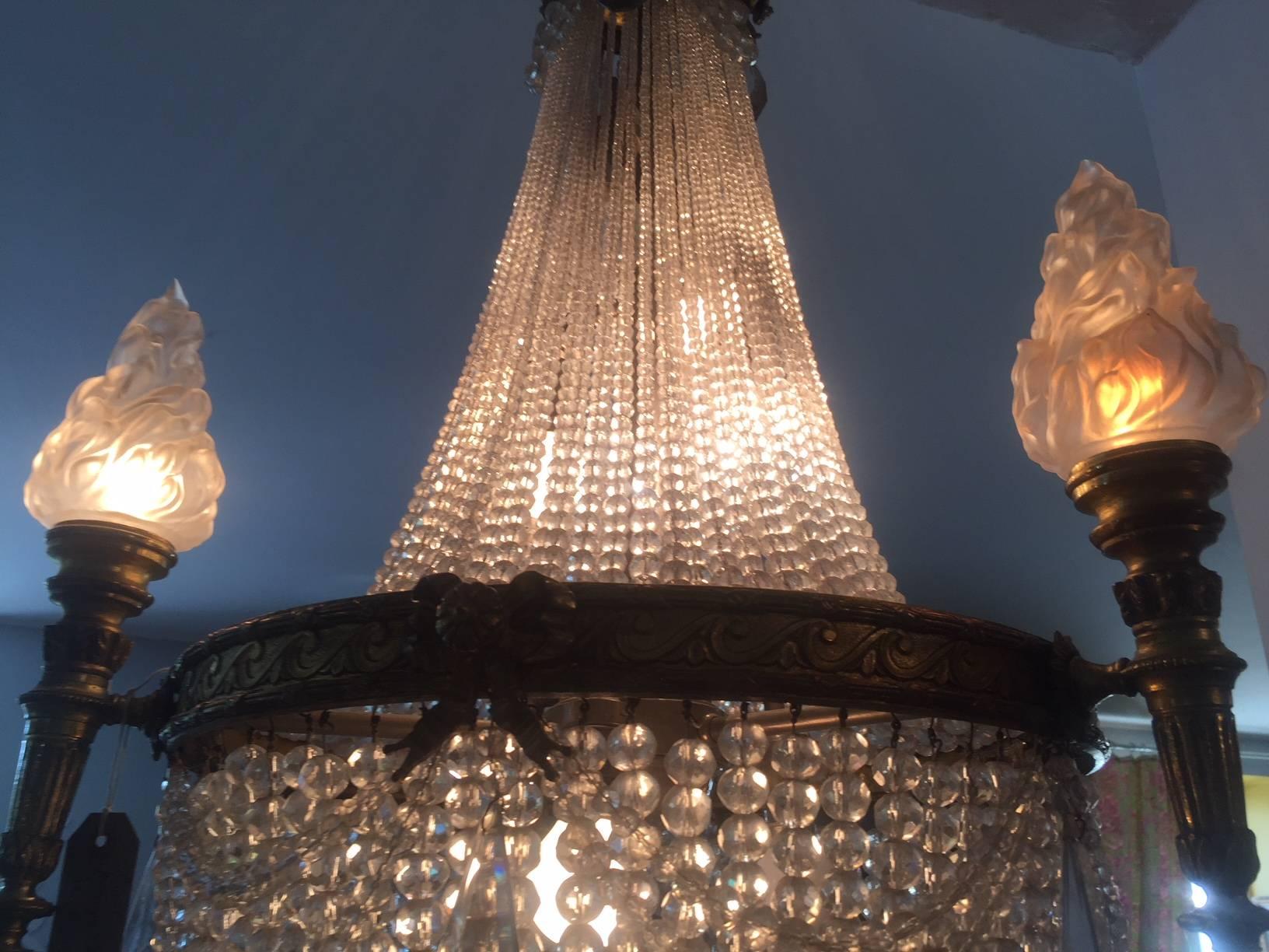 20th Century French Bronze Balloon Chandelier with Cristal and Glass Pendants For Sale 3