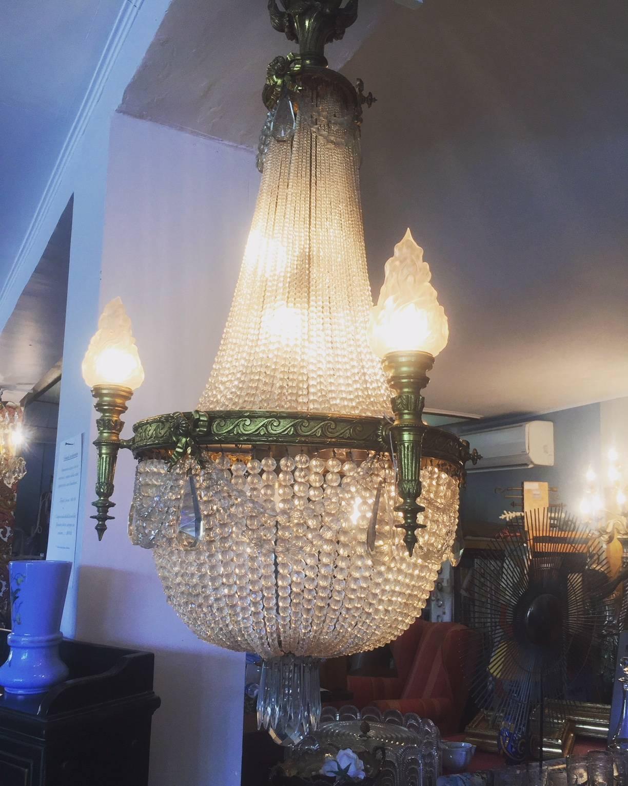 20th Century French Bronze Balloon Chandelier with Cristal and Glass Pendants For Sale 4