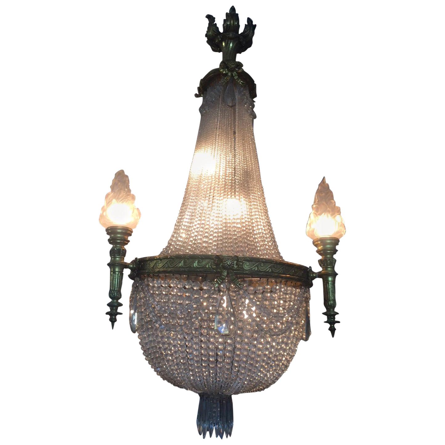 20th Century French Bronze Balloon Chandelier with Cristal and Glass Pendants For Sale