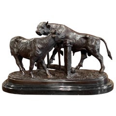 composition d'une vache et d'un taureau en bronze sur un support en marbre d'après Mene:: France:: 20e siècle