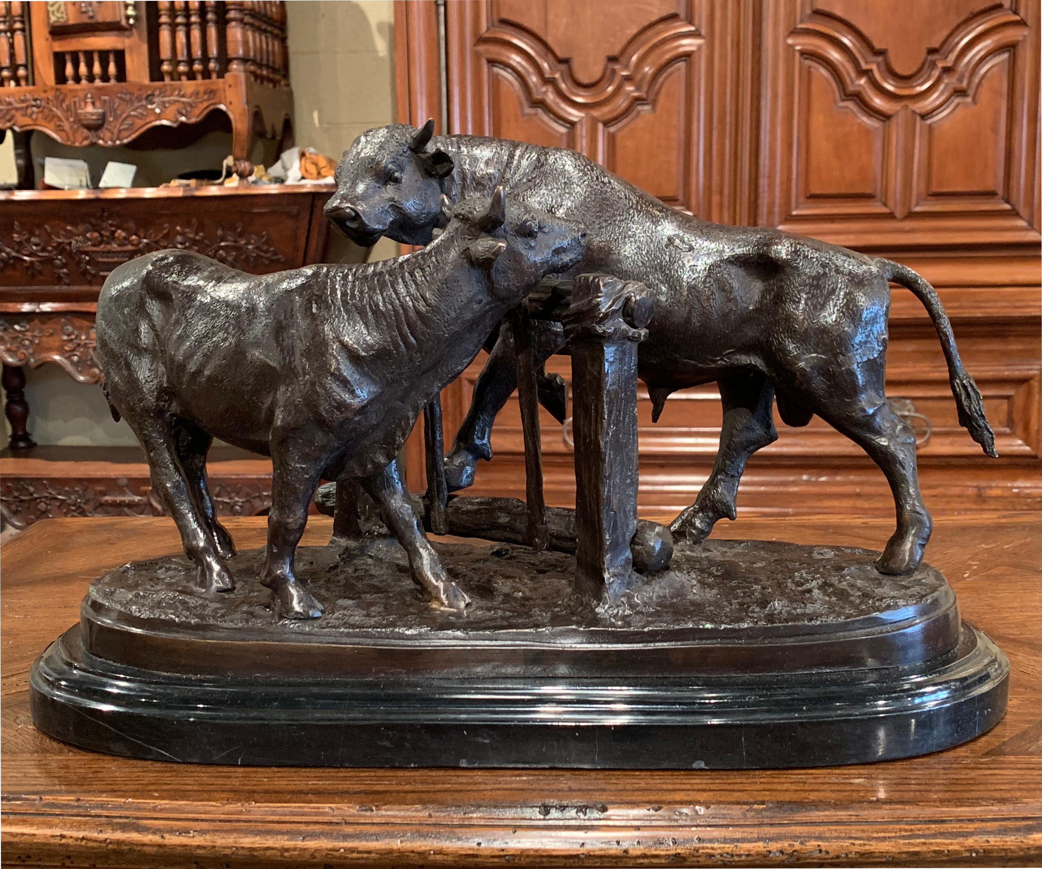 20th Century French Bronze Cow and Bull Composition on Marble Stand after Mene In Excellent Condition In Dallas, TX