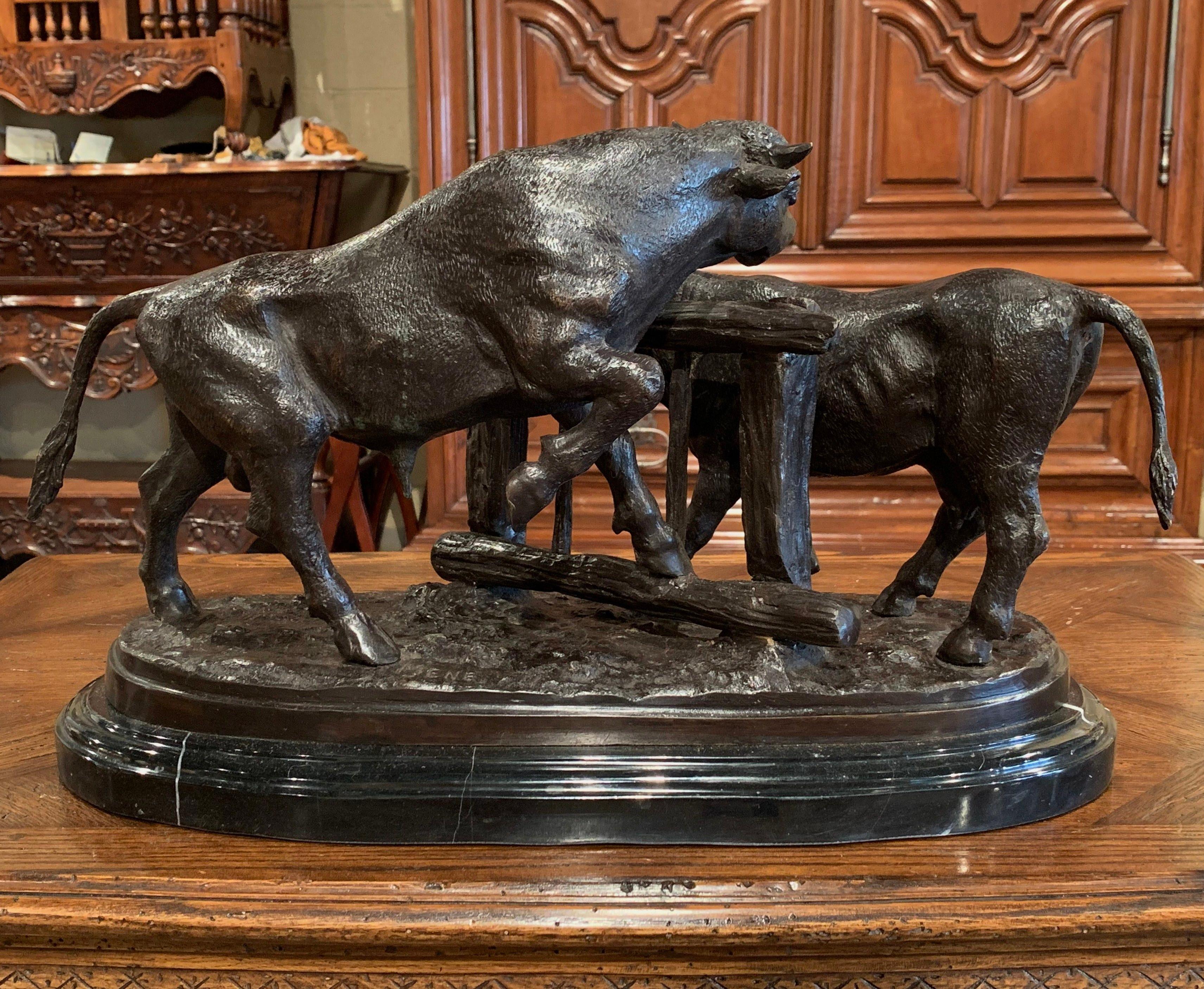 französische Bronzekuh und Stier Komposition des 20. Jahrhunderts auf Marmorständer nach Mene 2