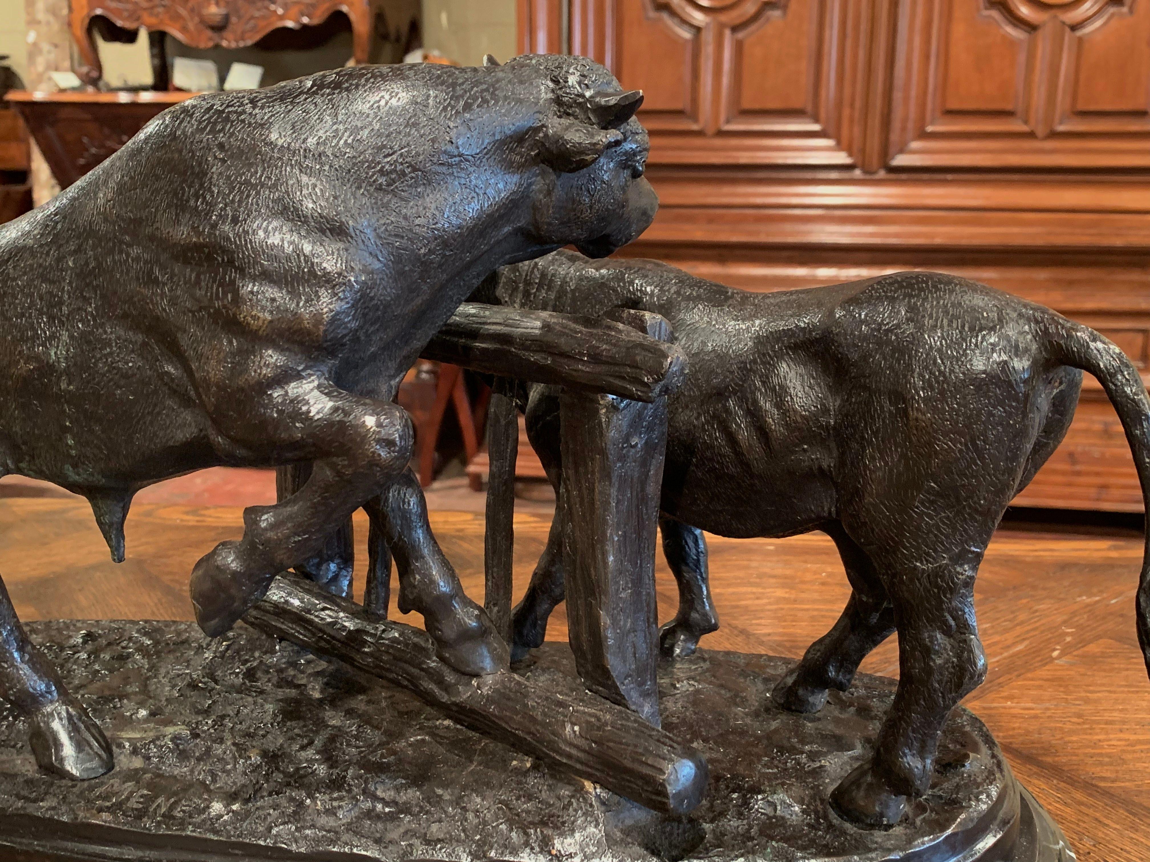 französische Bronzekuh und Stier Komposition des 20. Jahrhunderts auf Marmorständer nach Mene 3