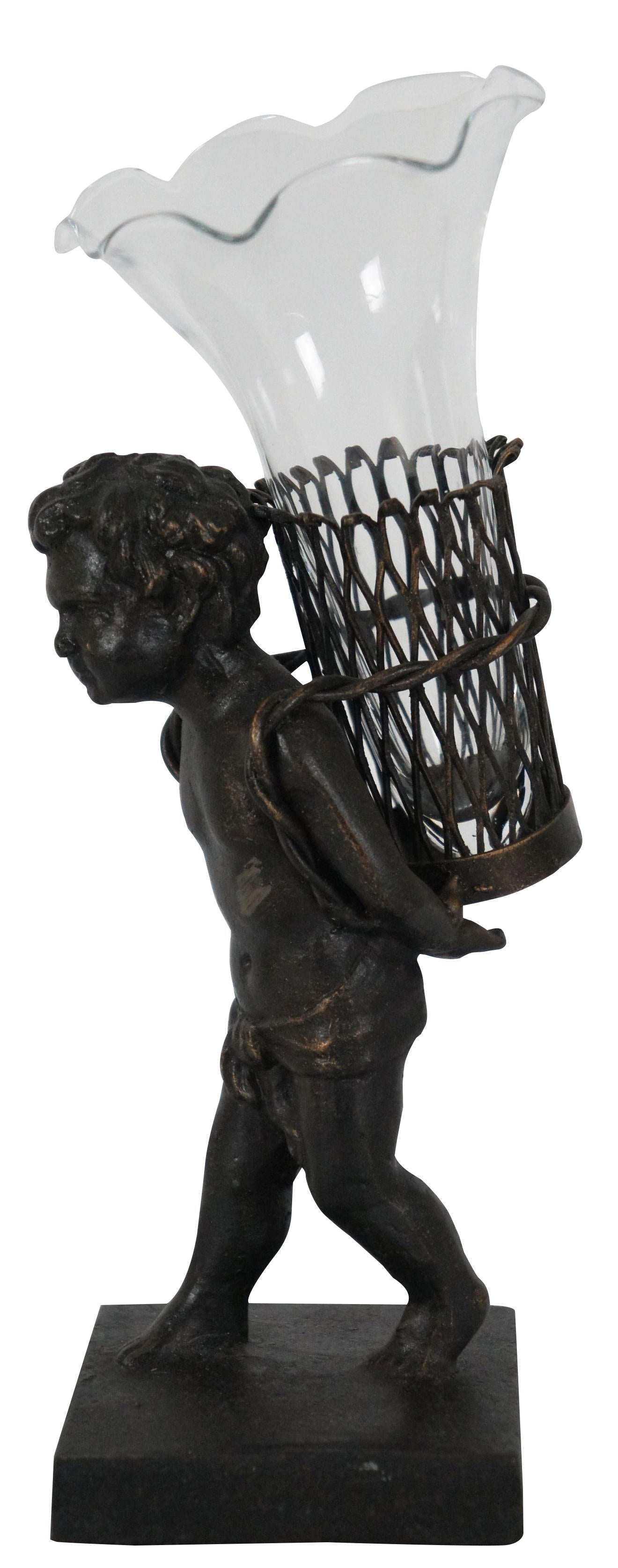 French Provincial 20th Century French Bronze Figurine & Glass Bud Vase Child with Basket Statue