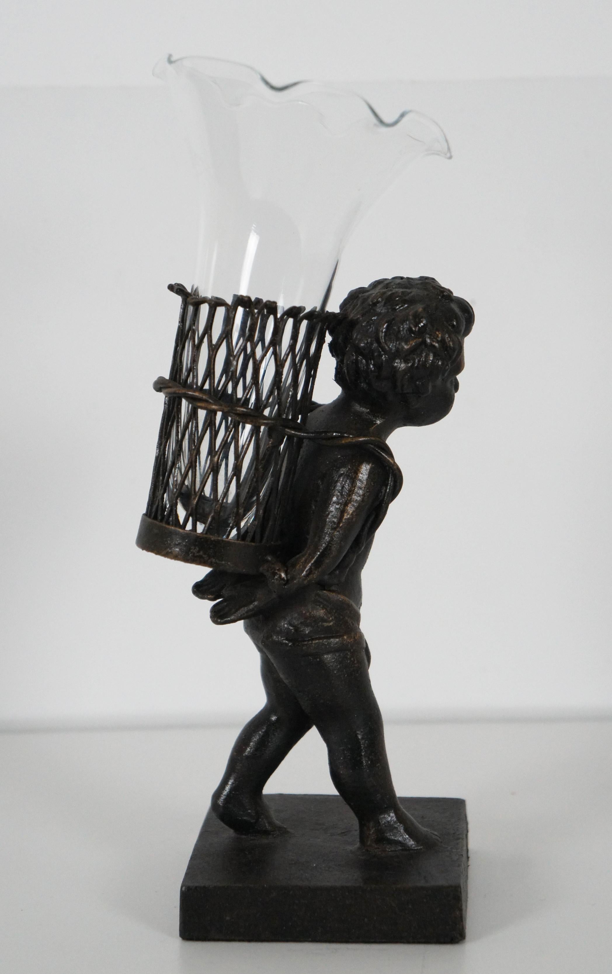 20th Century French Bronze Figurine & Glass Bud Vase Child with Basket Statue 1