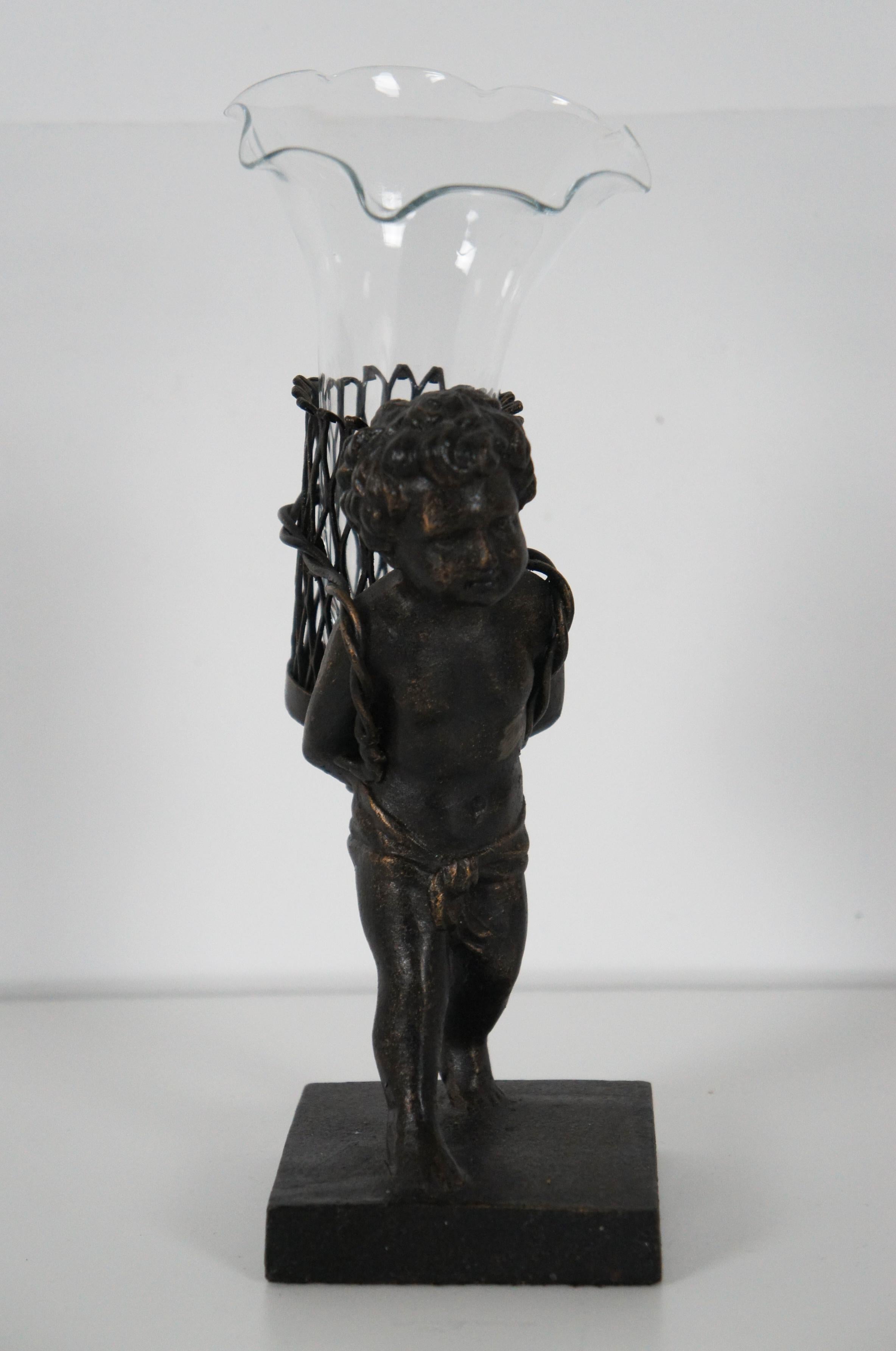 20th Century French Bronze Figurine & Glass Bud Vase Child with Basket Statue 2