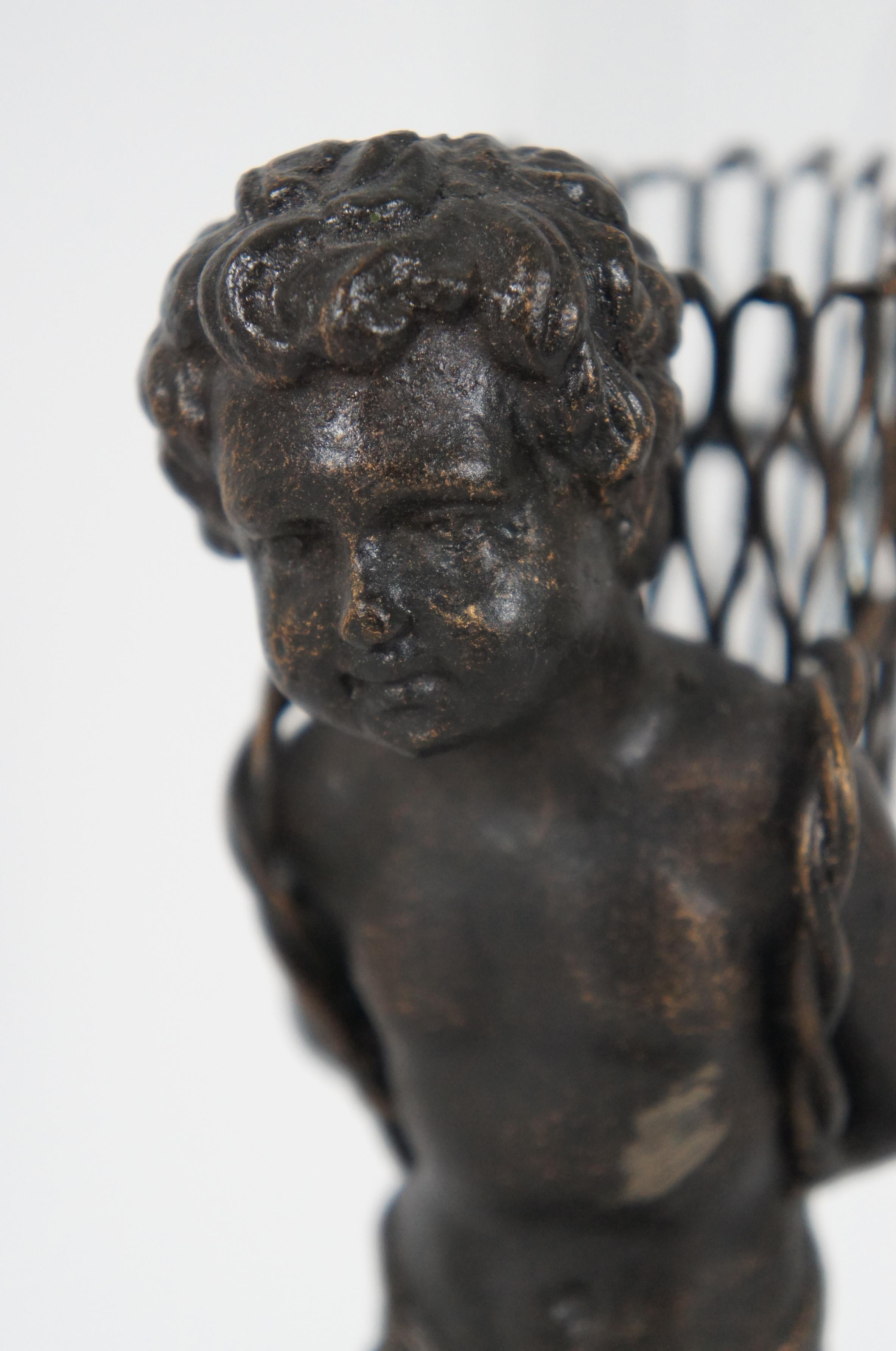20th Century French Bronze Figurine & Glass Bud Vase Child with Basket Statue 3