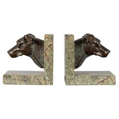 20th Century French Bronze & Marble Dog Head Book Ends, circa 1910
