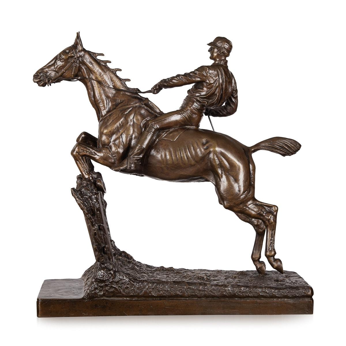 Antique early 20th Century French bronze of of a jockey and horse jumping a fence. The bronze is unsigned.

CONDITION
In great condition - no damage.

SIZE
height: 42cm
width: 39cm
depth: 15cm