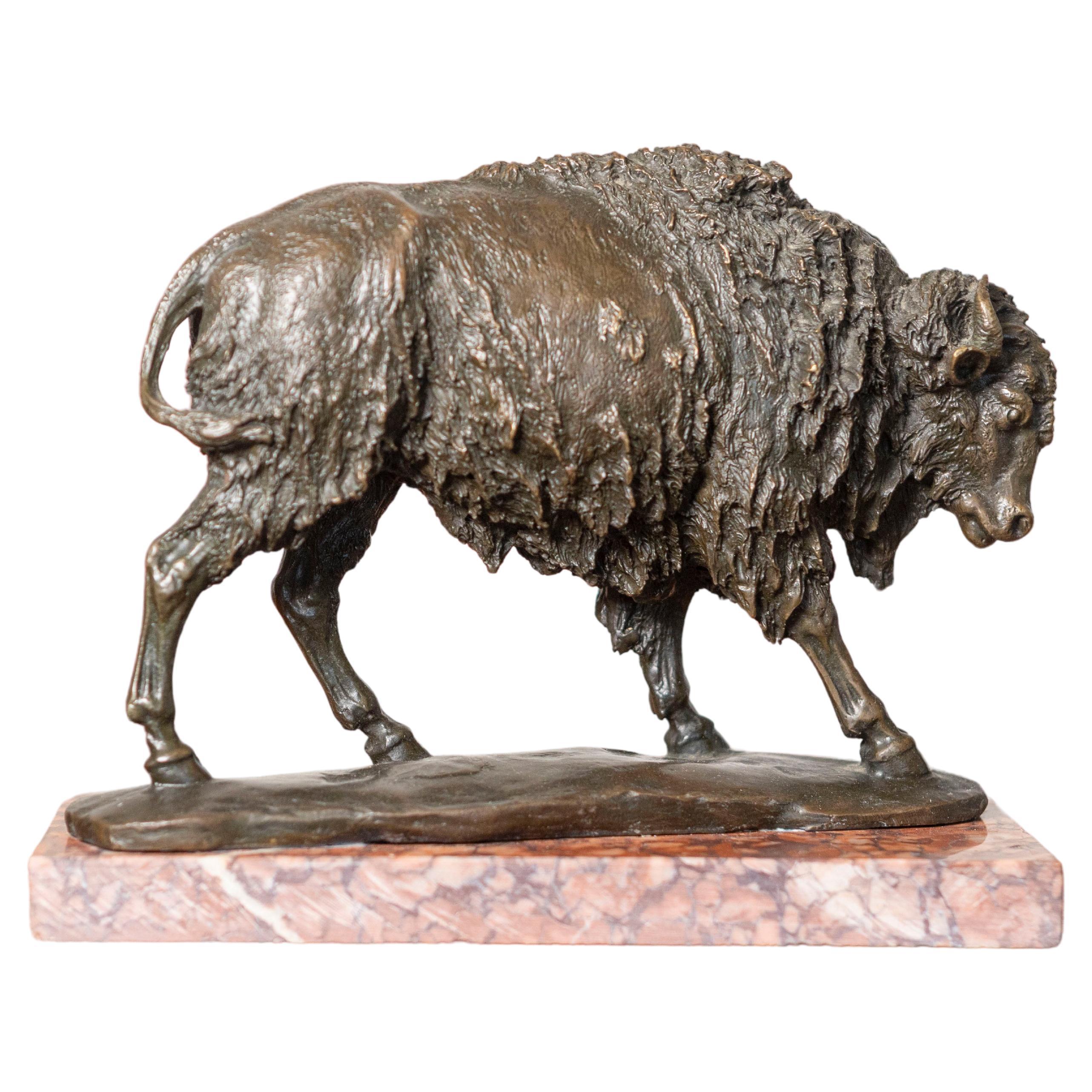 20th-Century French Bronze Sculpture of a Bison on a Marble Base