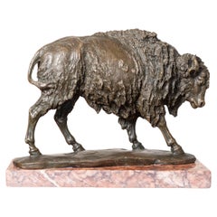 20th-Century French Bronze Sculpture of a Bison on a Marble Base