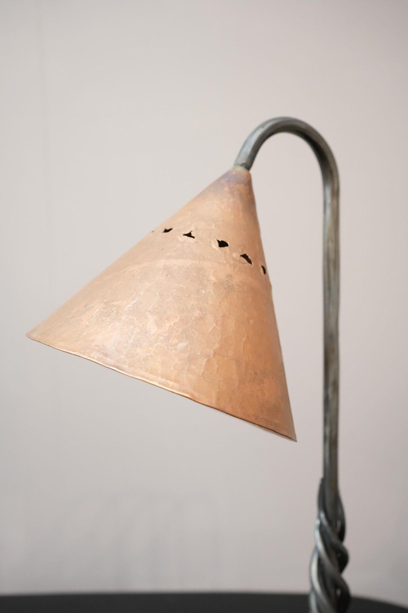 This is a very high quality and well made 20th century Brutalist table lamp with copper shade signed BC and forged stem. The condition is perfect and this will make a wonderful addition to any desk. All wired and ready to go.
Height 60cm Width 36cm